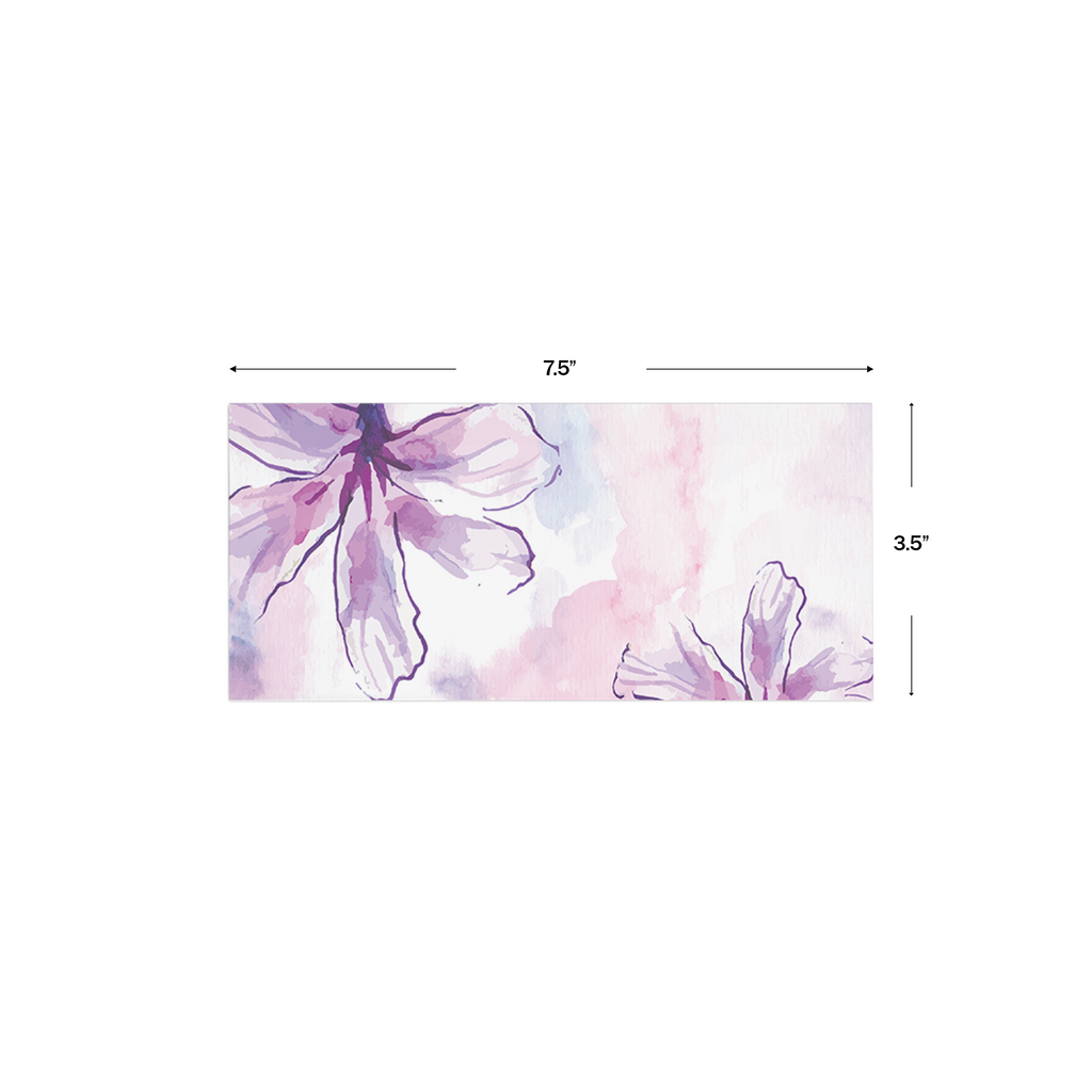 Purple Watercolour Floral Personalised Money Envelopes shown with dimensions on a white background