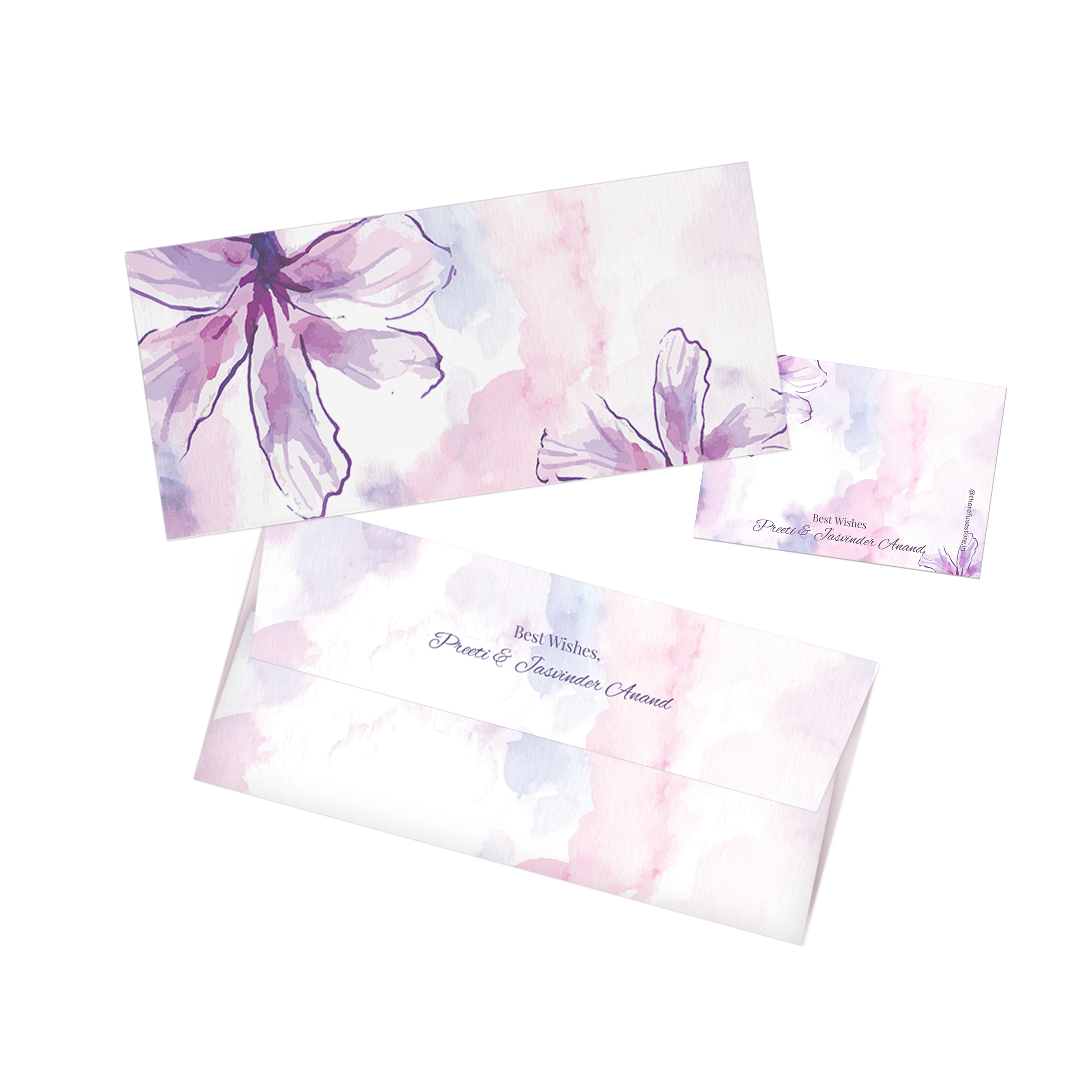 Purple Watercolour Floral Personalised Money Envelopes with matching best wishes cards