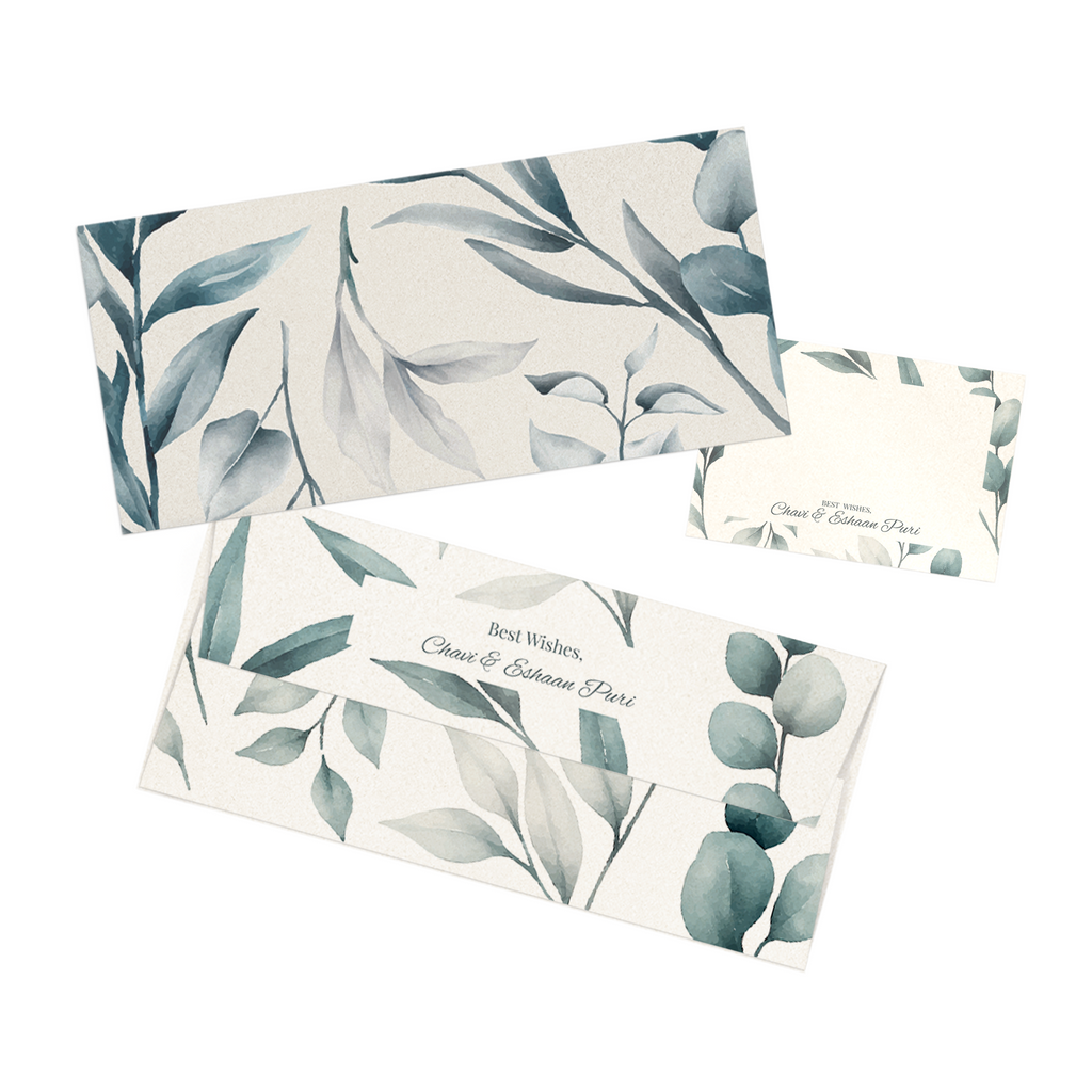 Green Leaves Metallic Personalised Money Envelopes with matching best wishes cards