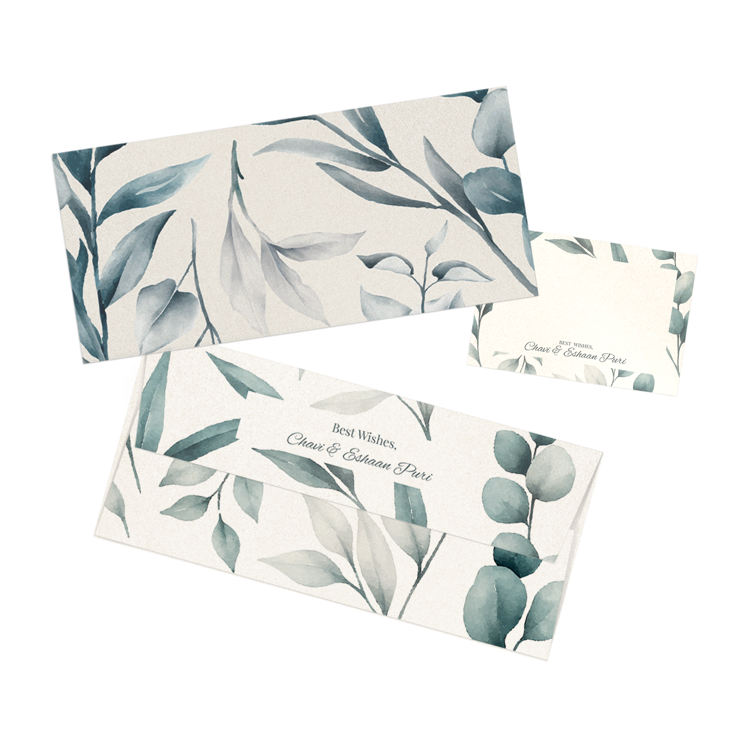 Green Leaves Metallic Personalised Money Envelopes with matching best wishes cards