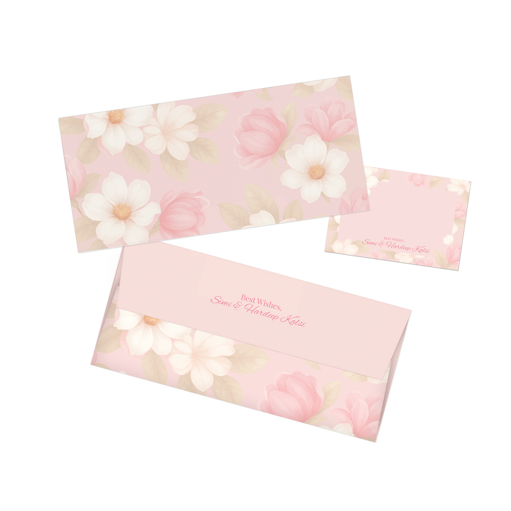 Shades Of Pink Floral Personalised Money Envelopes with matching best wishes cards