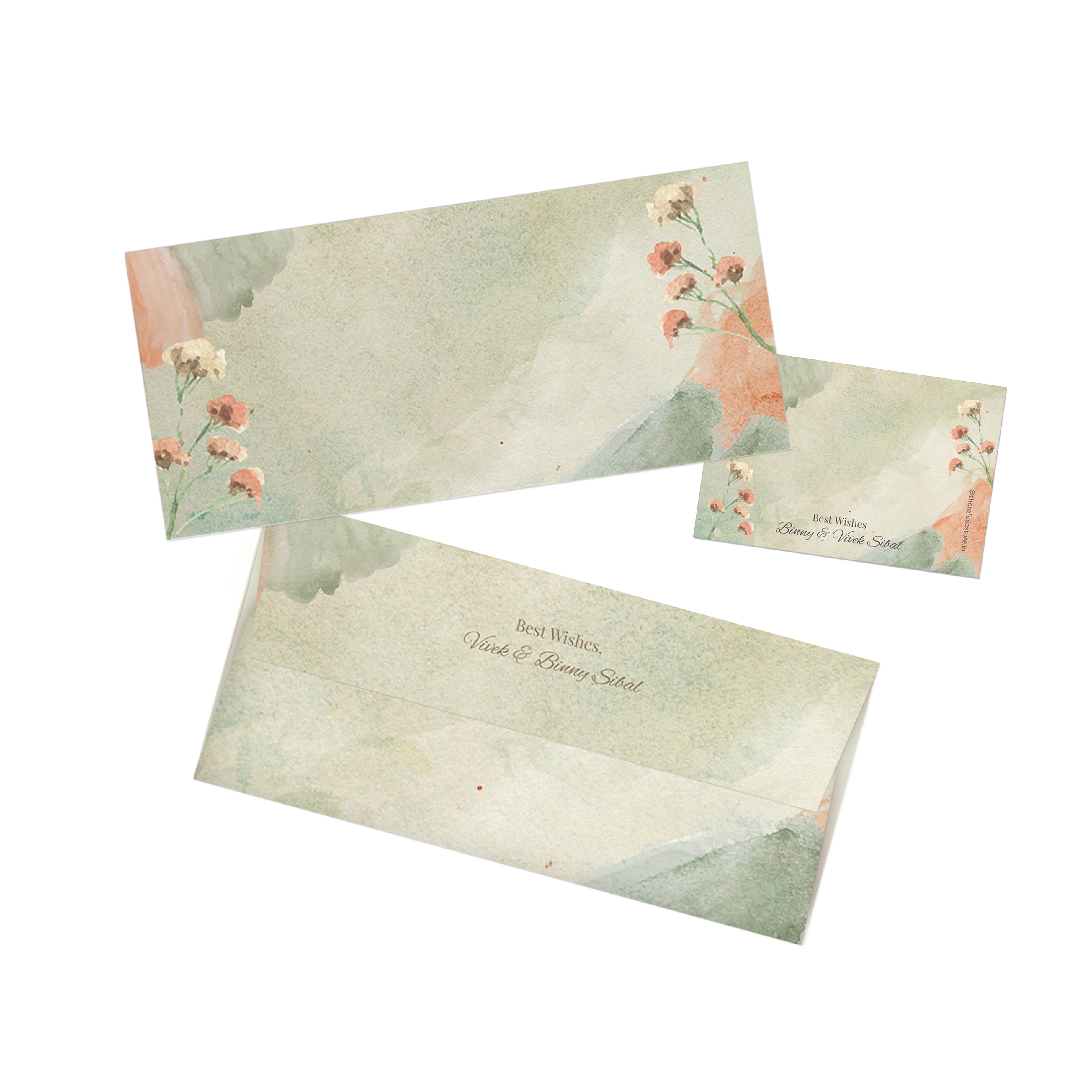Green & Orange Watercolour Personalised Money Envelopes with matching best wishes cards