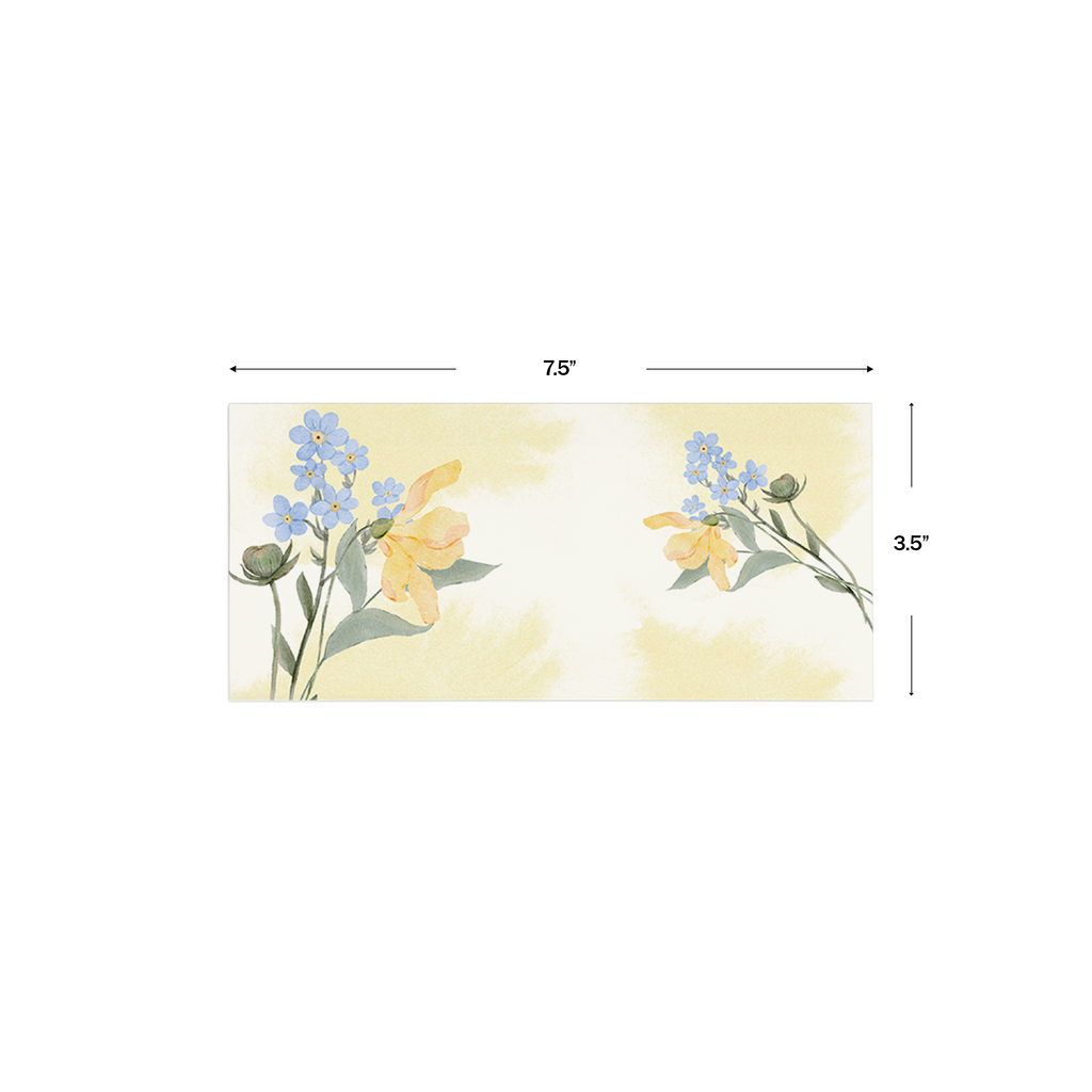 Yellow Watercolour With Blue Flowers Personalised Money Envelopes shown with dimensions on a white background