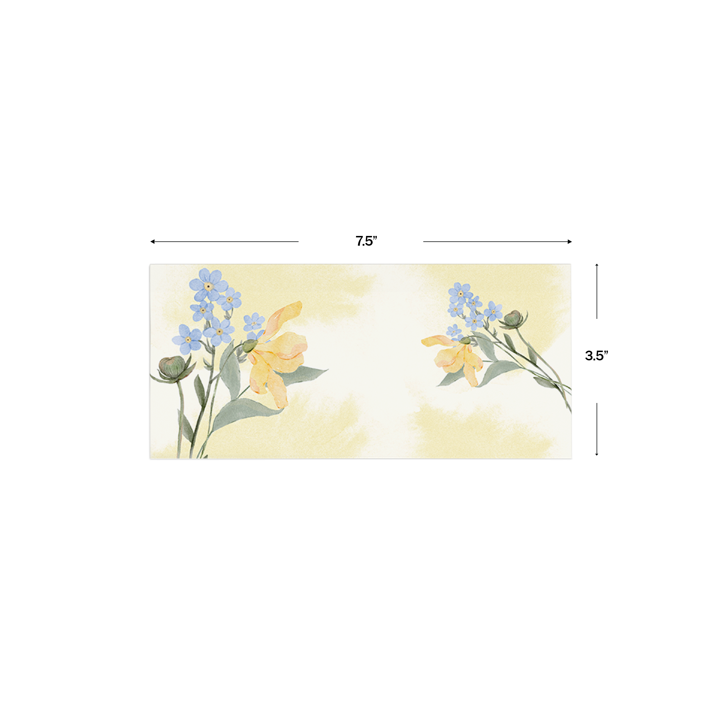 Yellow Watercolour With Blue Flowers Personalised Money Envelopes shown with dimensions on a white background
