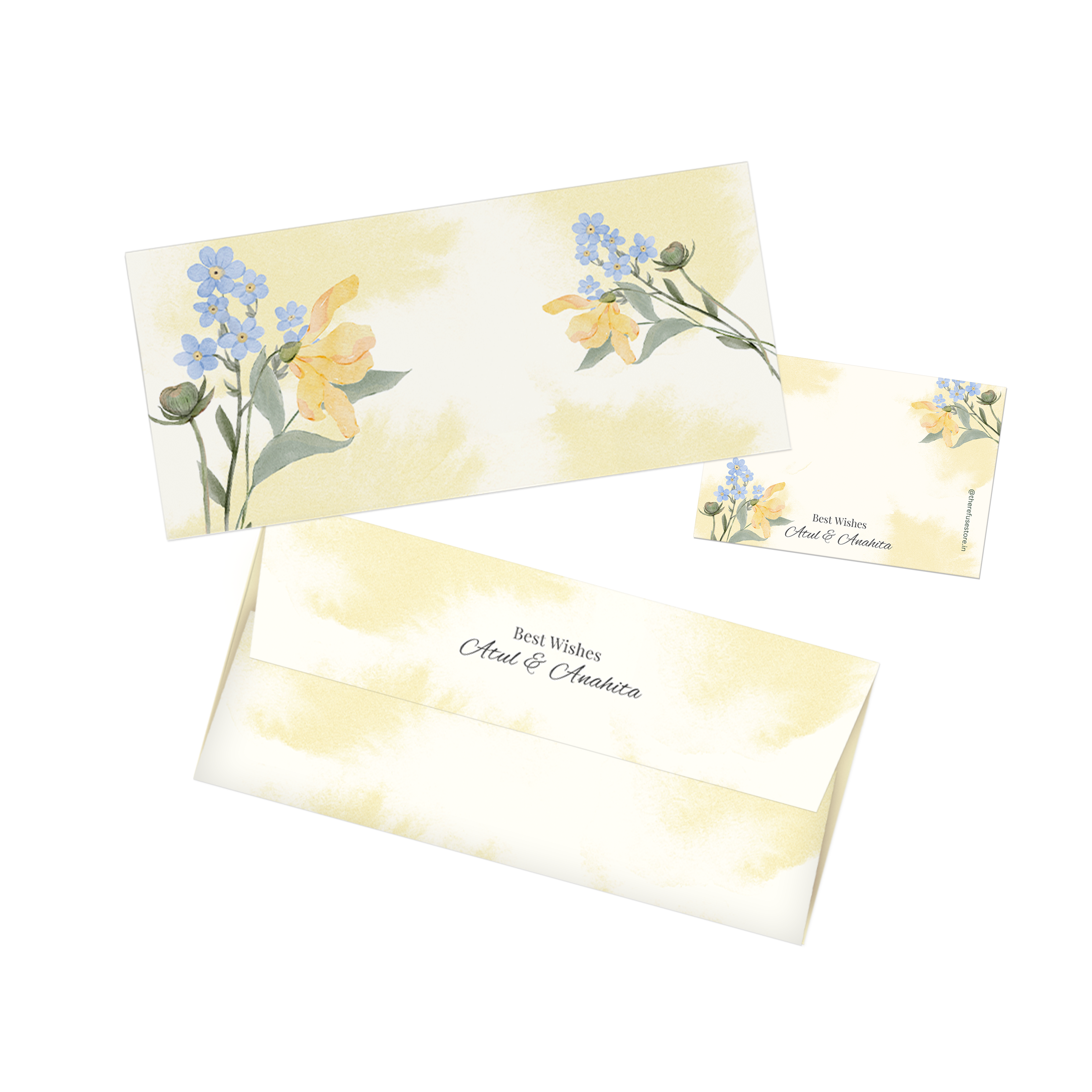 Yellow Watercolour With Blue Flowers Personalised Money Envelopes with matching best wishes cards