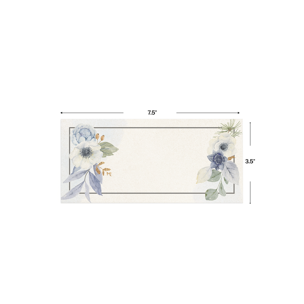 Blue Floral With Brown Border Metallic Personalised Money Envelopes shown with dimensions on a white background