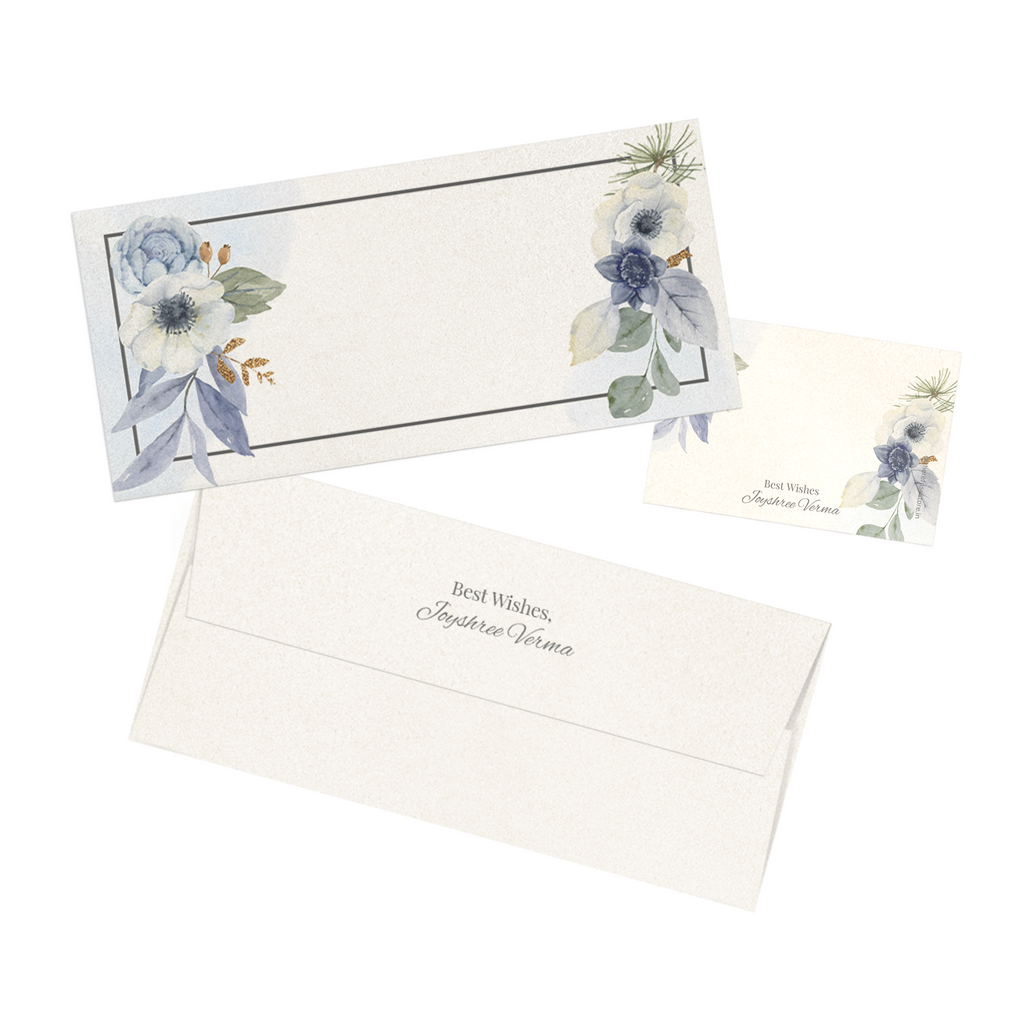 Blue Floral With Brown Border Metallic Personalised Money Envelopes with matching best wishes cards