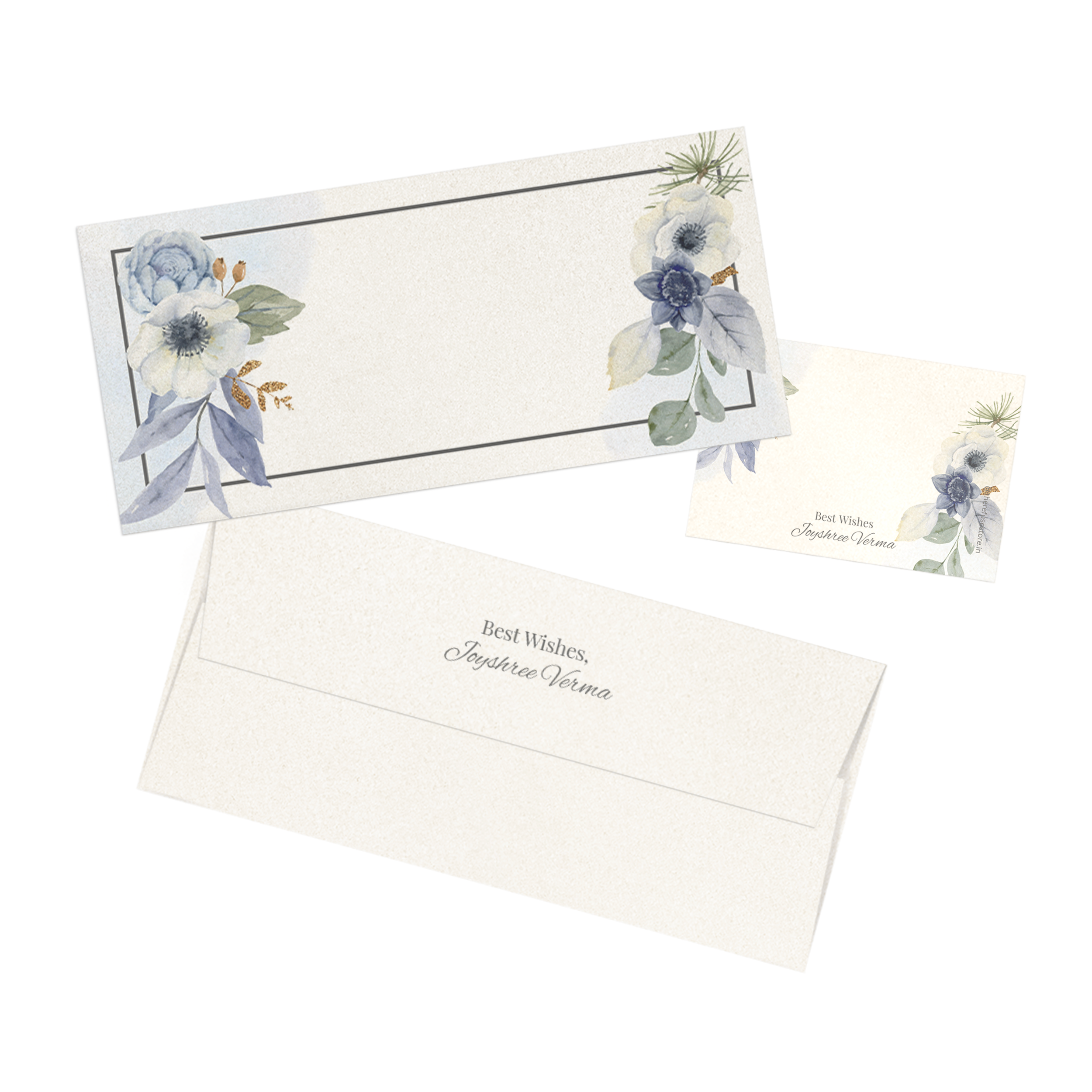 Blue Floral With Brown Border Metallic Personalised Money Envelopes with matching best wishes cards