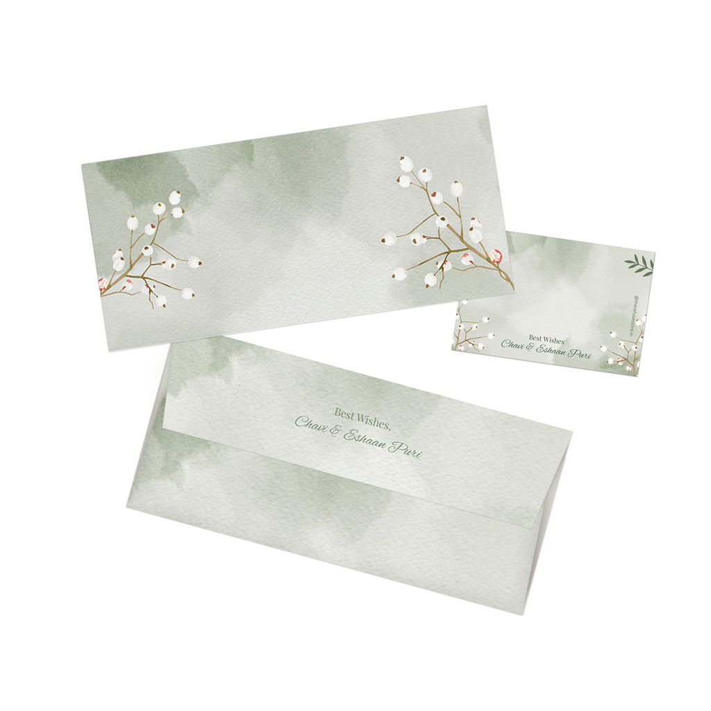 Green Watercolour With White Stem Personalised Money Envelopes with matching best wishes cards
