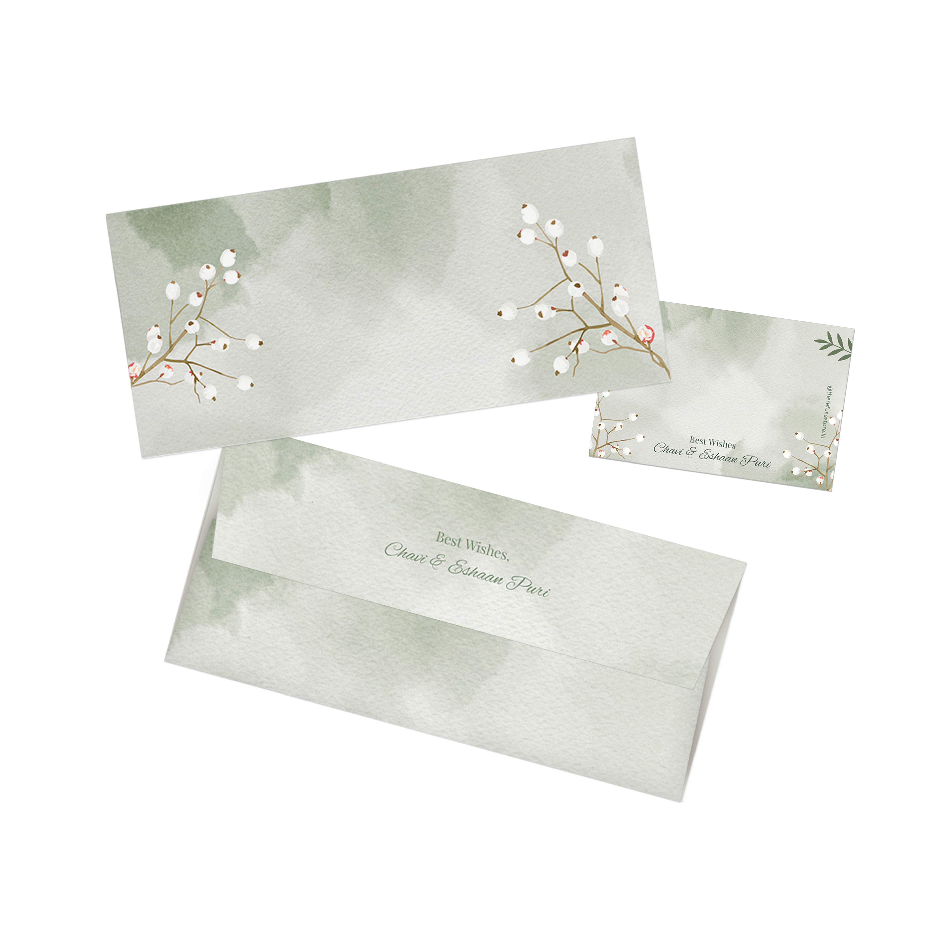 Green Watercolour With White Stem Personalised Money Envelopes with matching best wishes cards