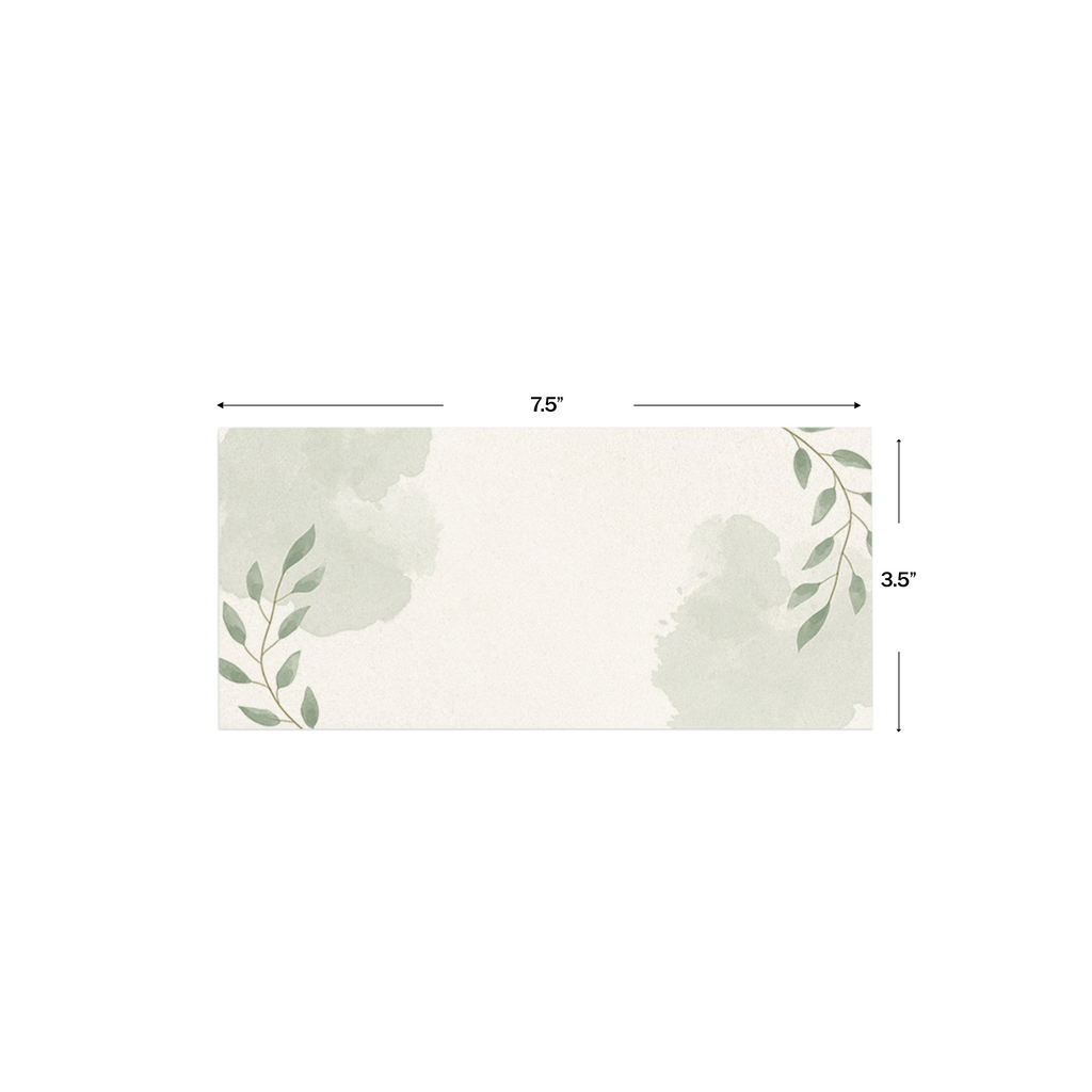 Green Watercolour Leaves Metallic Personalised Money Envelopes shown with dimensions on a white background