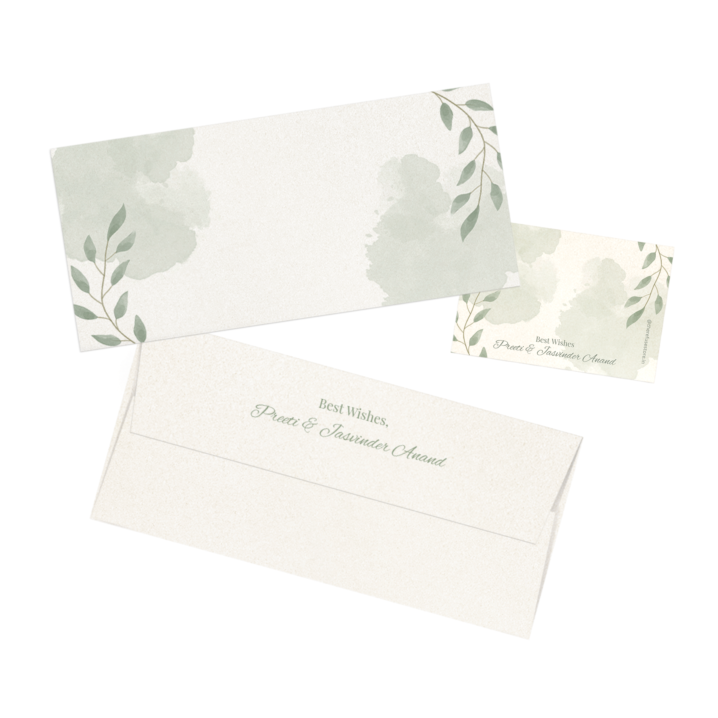 Green Watercolour Leaves Metallic Personalised Money Envelopes with matching best wishes cards