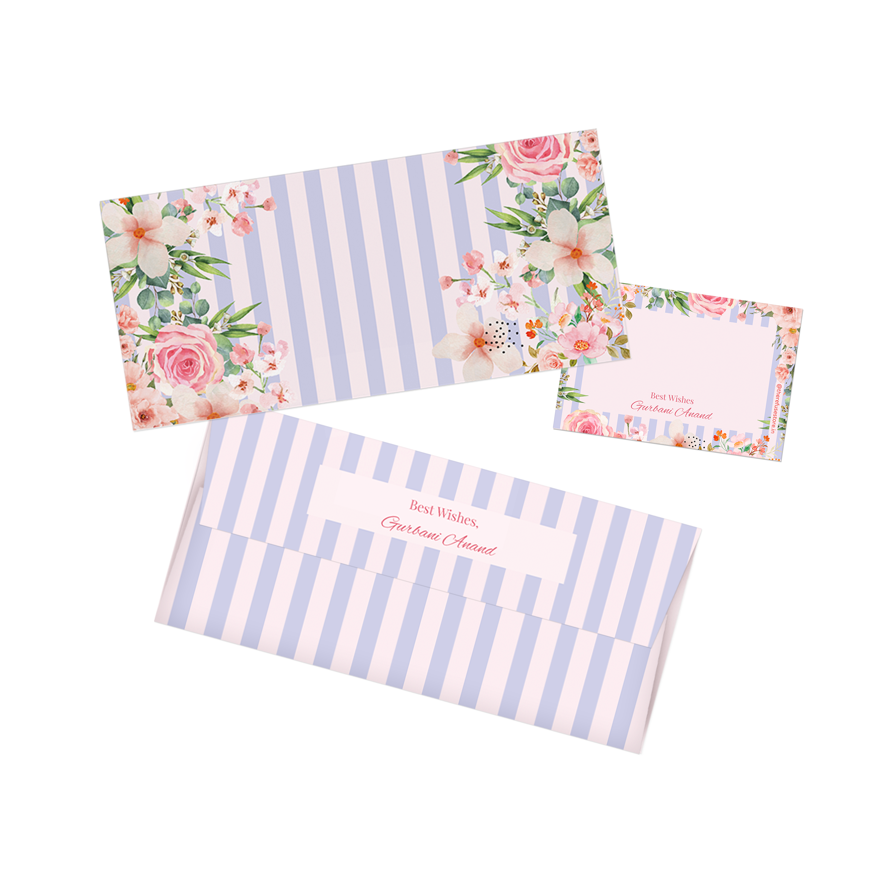 Stripped Pink Floral Personalised Money Envelopes with matching best wishes cards