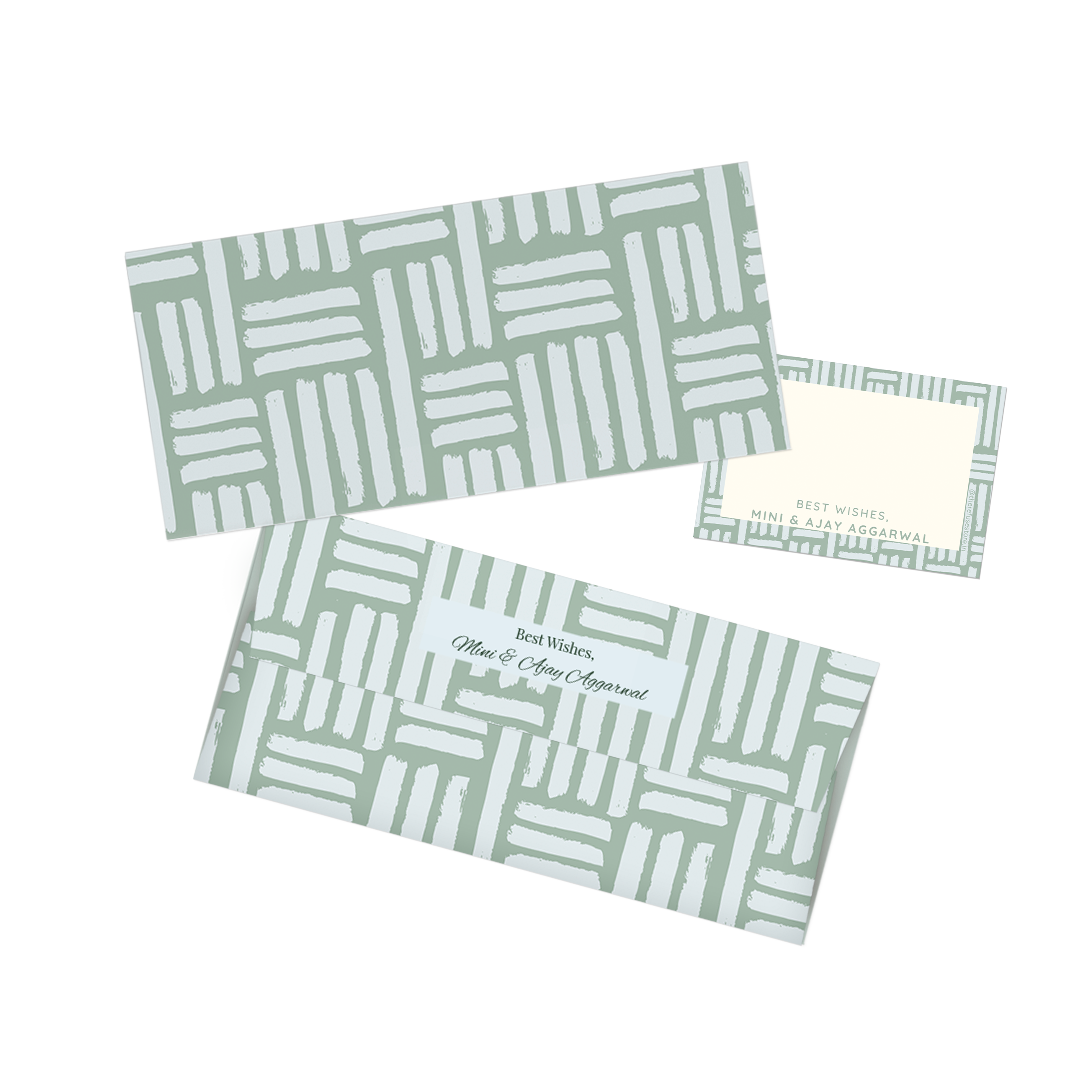 Sage Green Brush Pattern Personalised Money Envelopes with matching best wishes cards