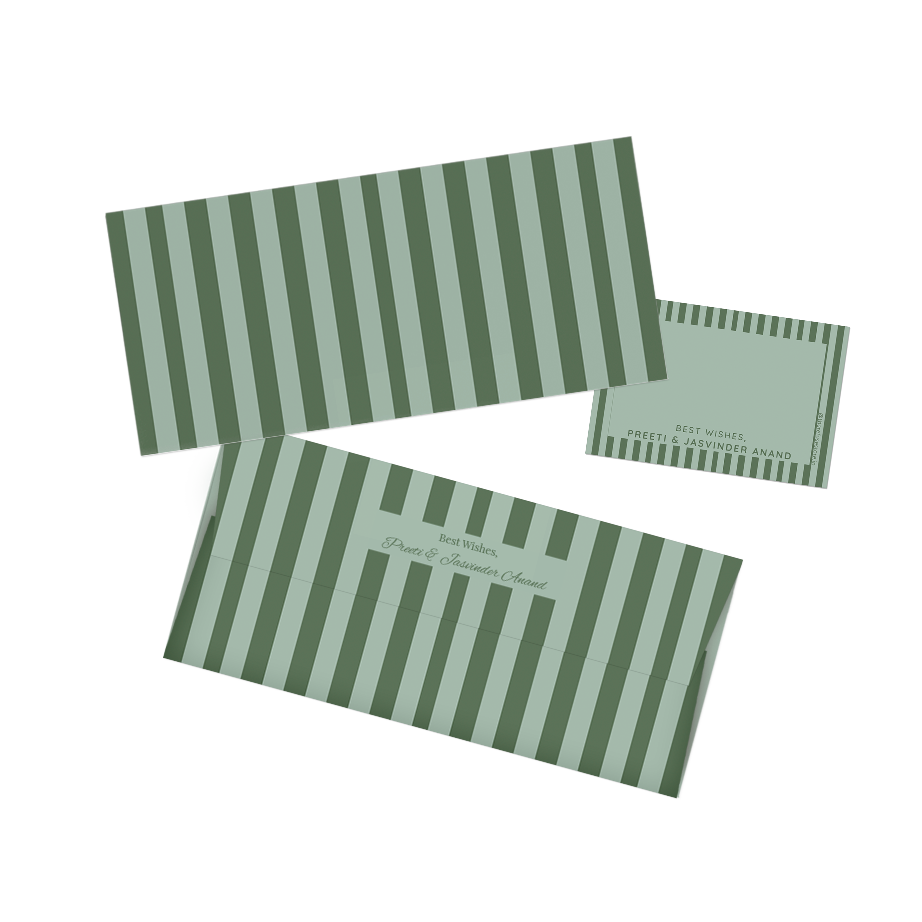 Shades of green vertical Stripes Personalised Money Envelopes with matching best wishes cards