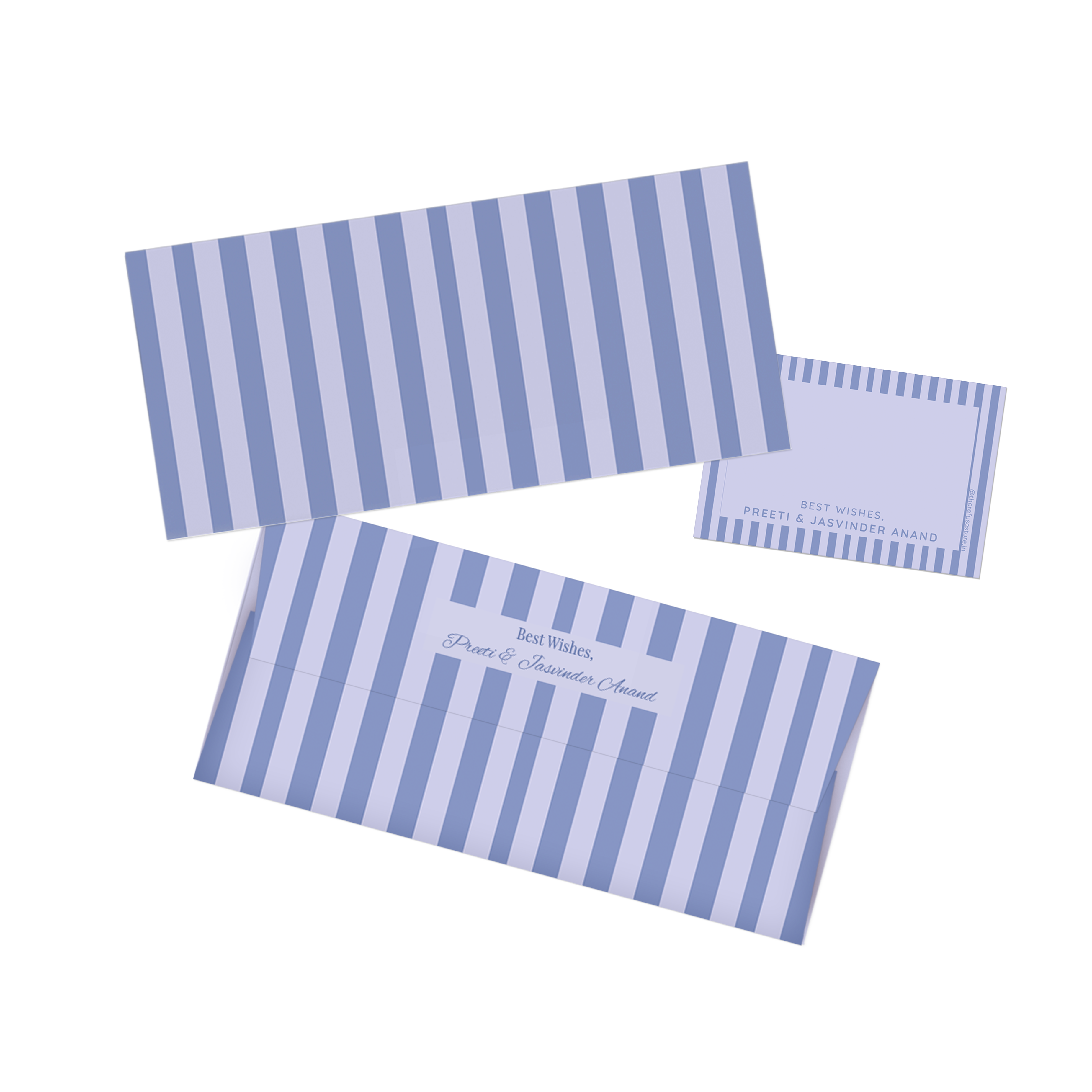 Shades of blue vertical Stripes Personalised Money Envelopes with matching best wishes cards