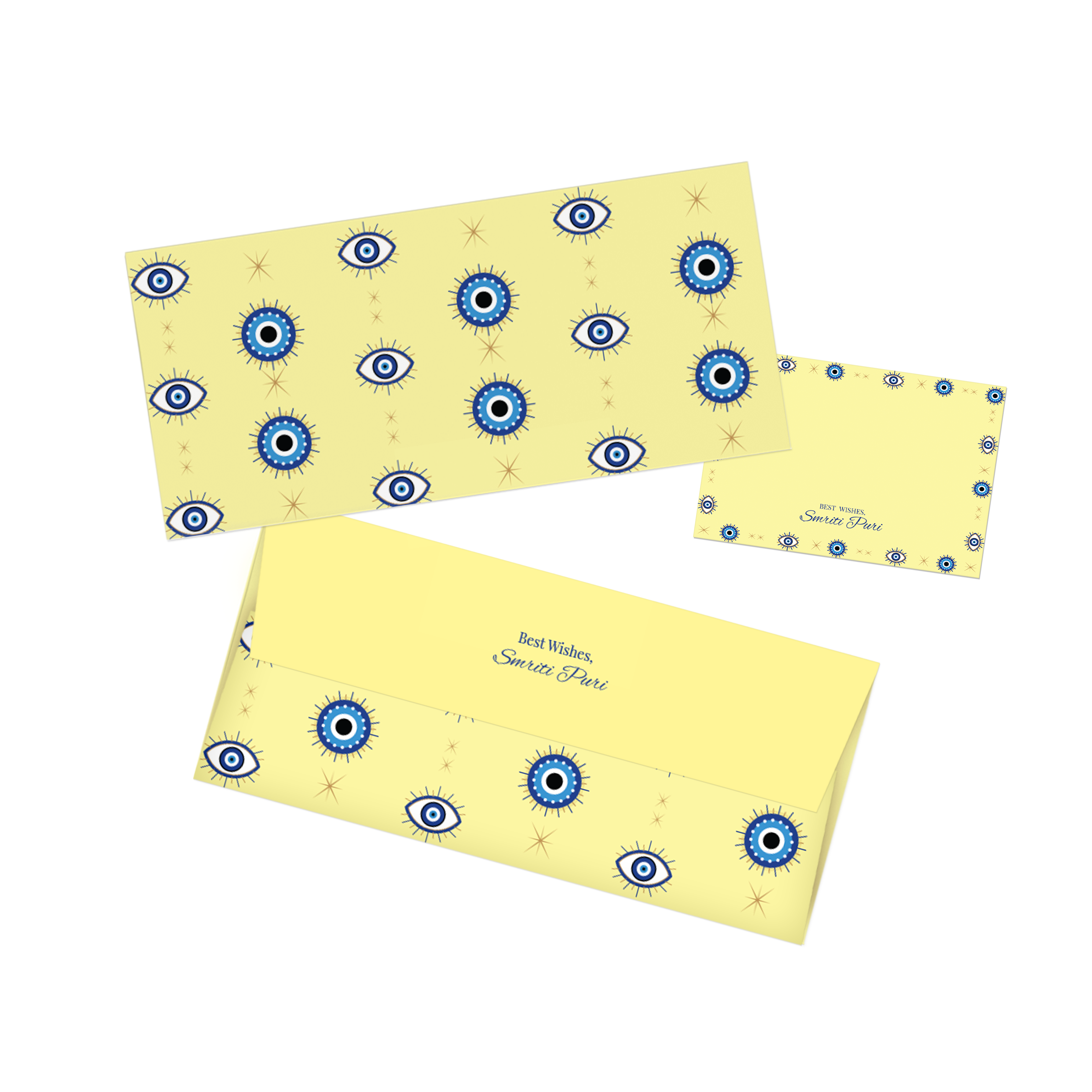 Yellow Evil Eye Personalised Money Envelopes with matching best wishes cards