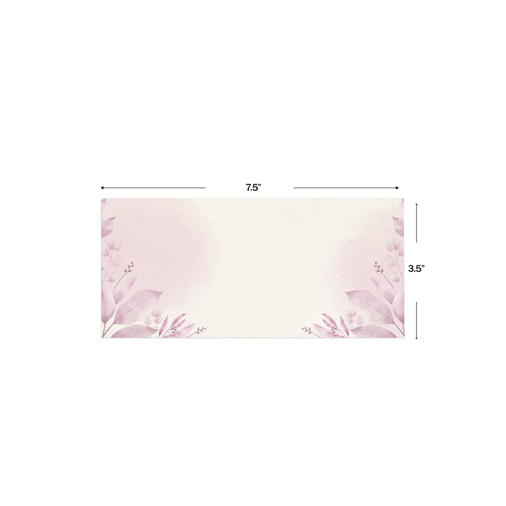 Purple Watercolour Leaves Metallic Personalised Money Envelopes shown with dimensions on a white background