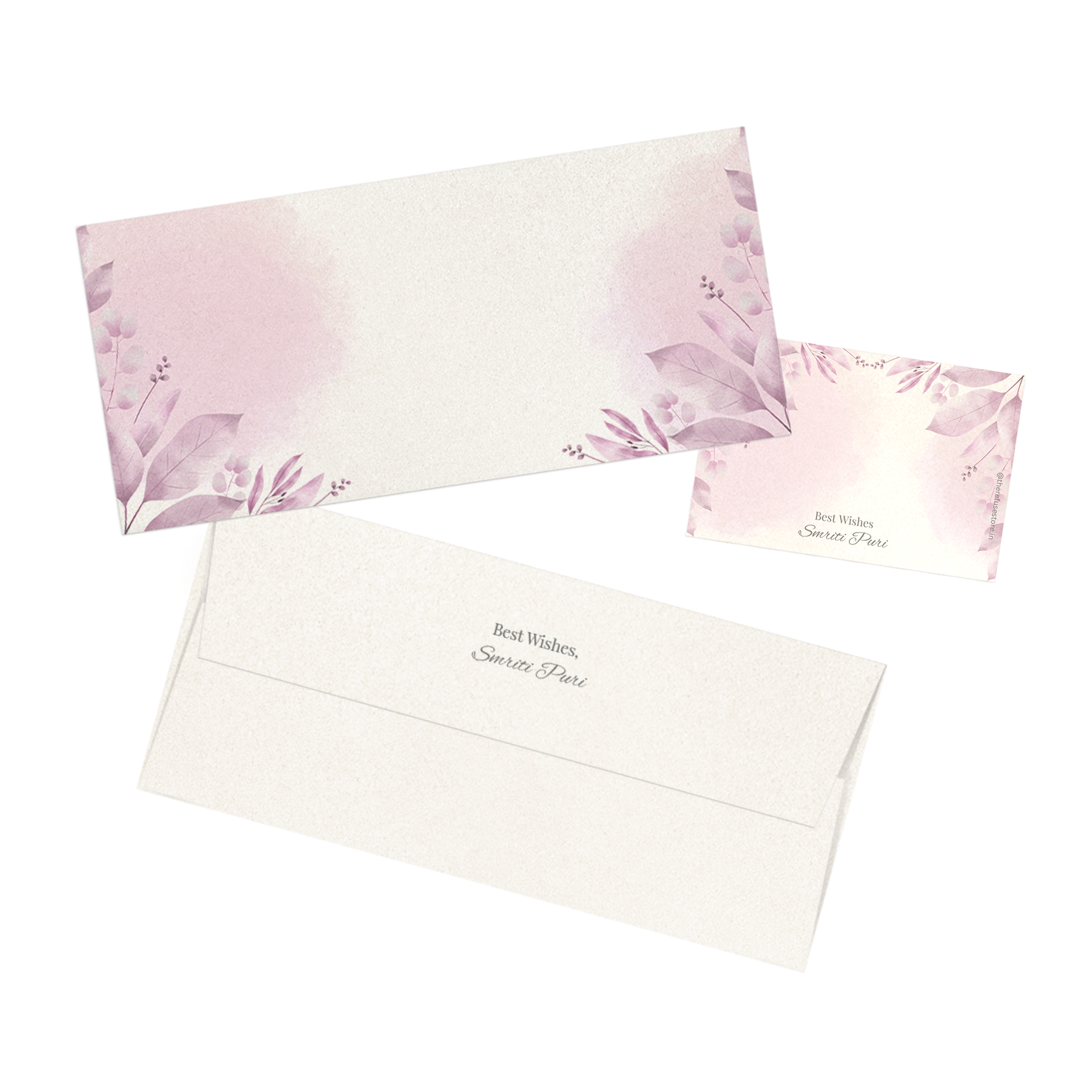 Purple Watercolour Leaves Metallic Personalised Money Envelopes with matching best wishes cards