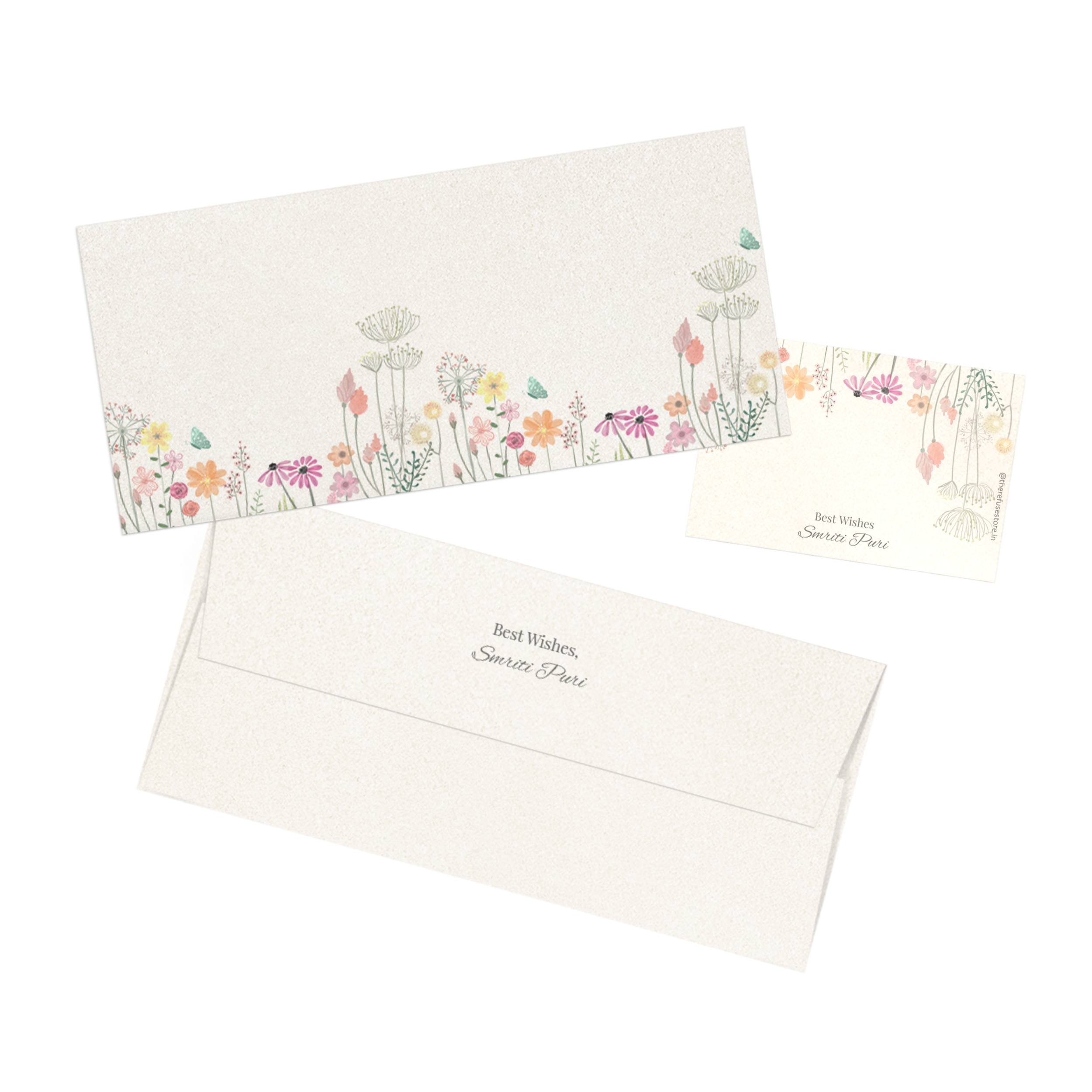 Wildflower Charm Metallic Personalised Money Envelopes with matching best wishes cards