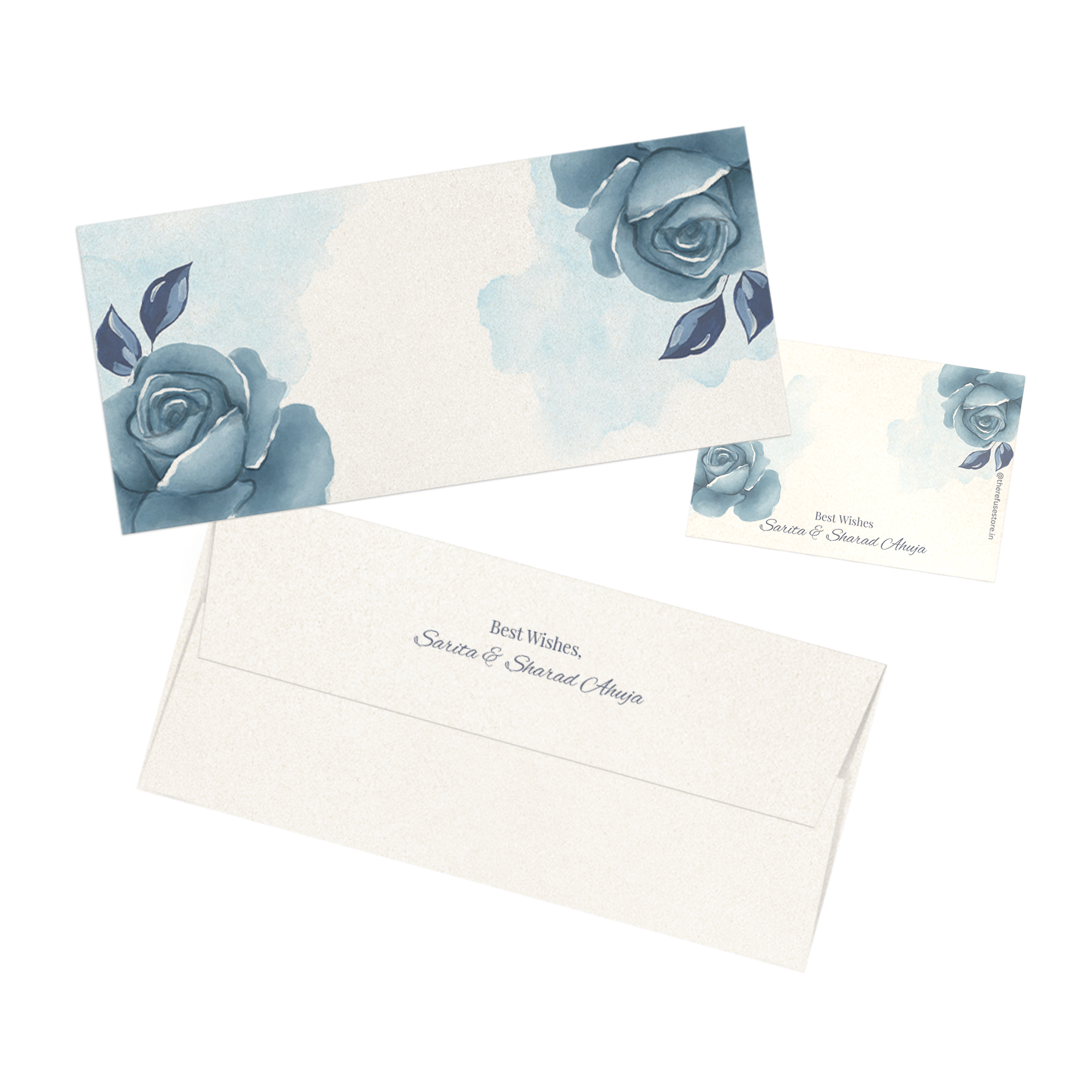 Watercolor Indigo Rose Metallic Personalised Money Envelopes with matching best wishes cards