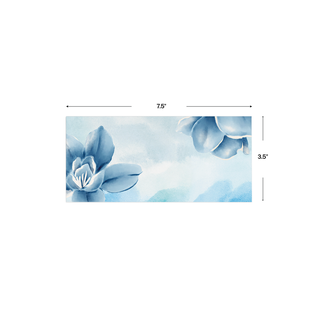 Blue Bloom Watercolour Personalised Money Envelopes shown with dimensions on a white background