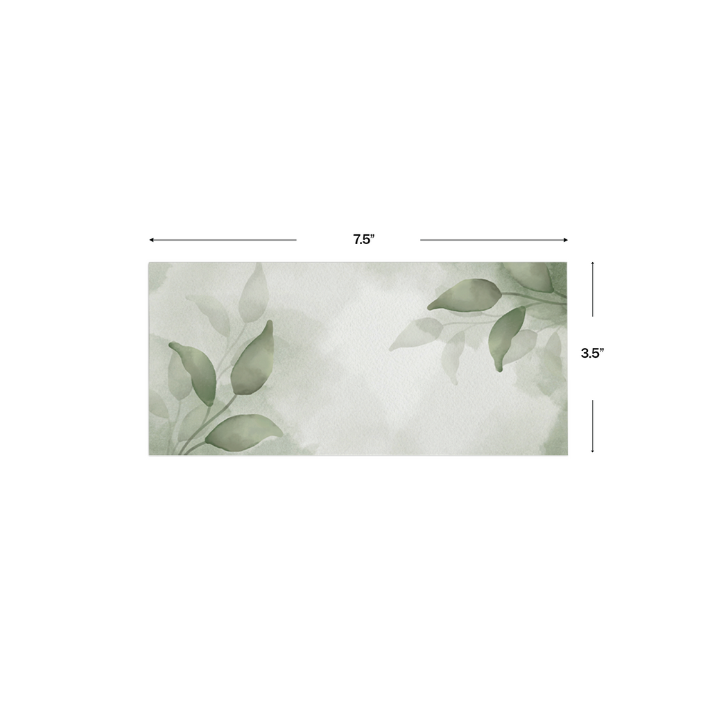 Sage Green Leaf Watercolour Personalised Money Envelopes shown with dimensions on a white background