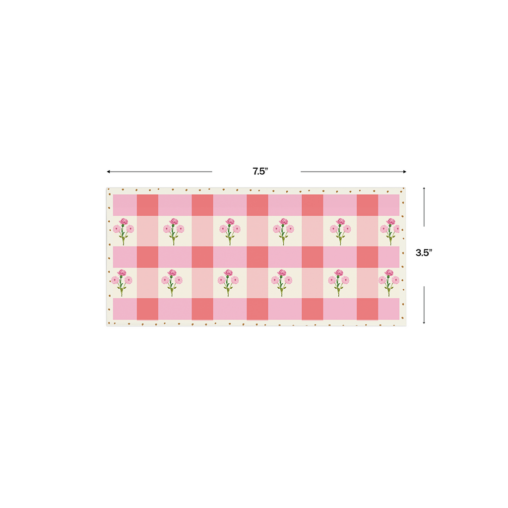 Vintage Checkered Floral Personalised Money Envelopes shown with dimensions on a white background