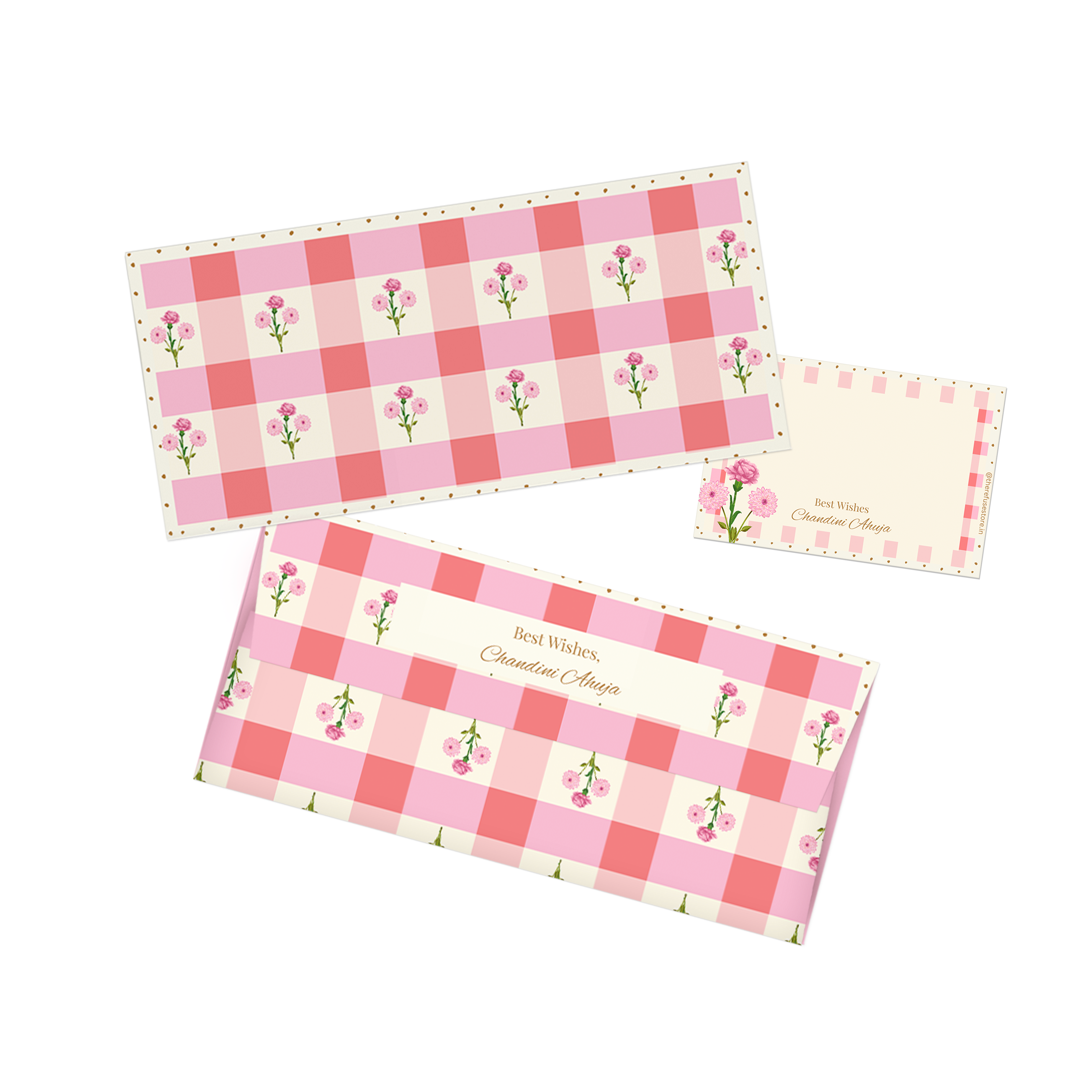 Vintage Checkered Floral Personalised Money Envelopes with matching best wishes cards