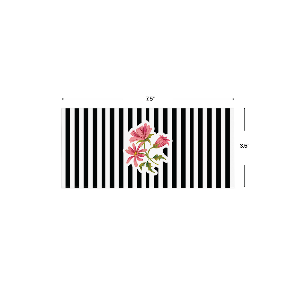 Bold Black & White Stripe Floral Personalised Money Envelopes shown with dimensions on a white background