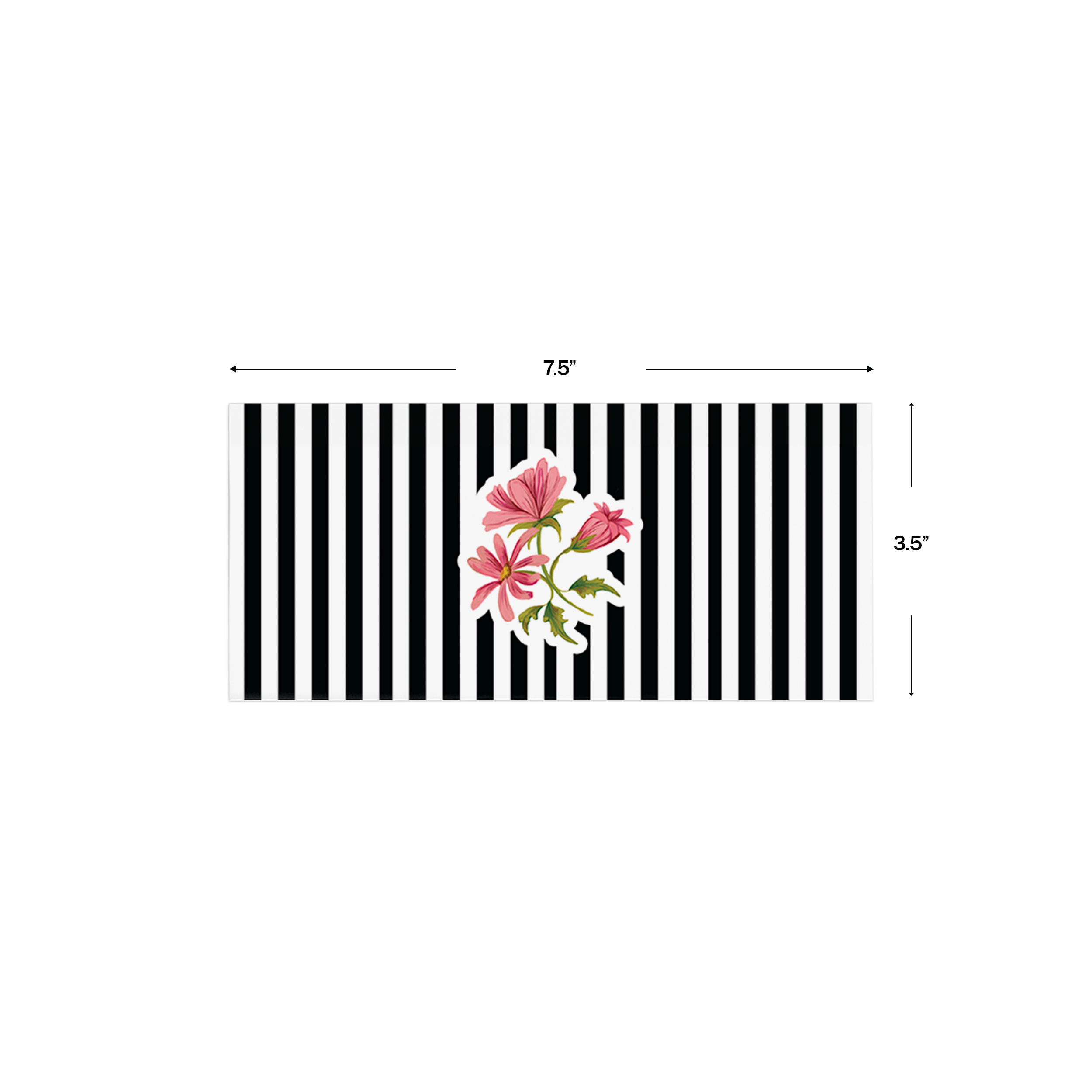 Bold Black & White Stripe Floral Personalised Money Envelopes shown with dimensions on a white background
