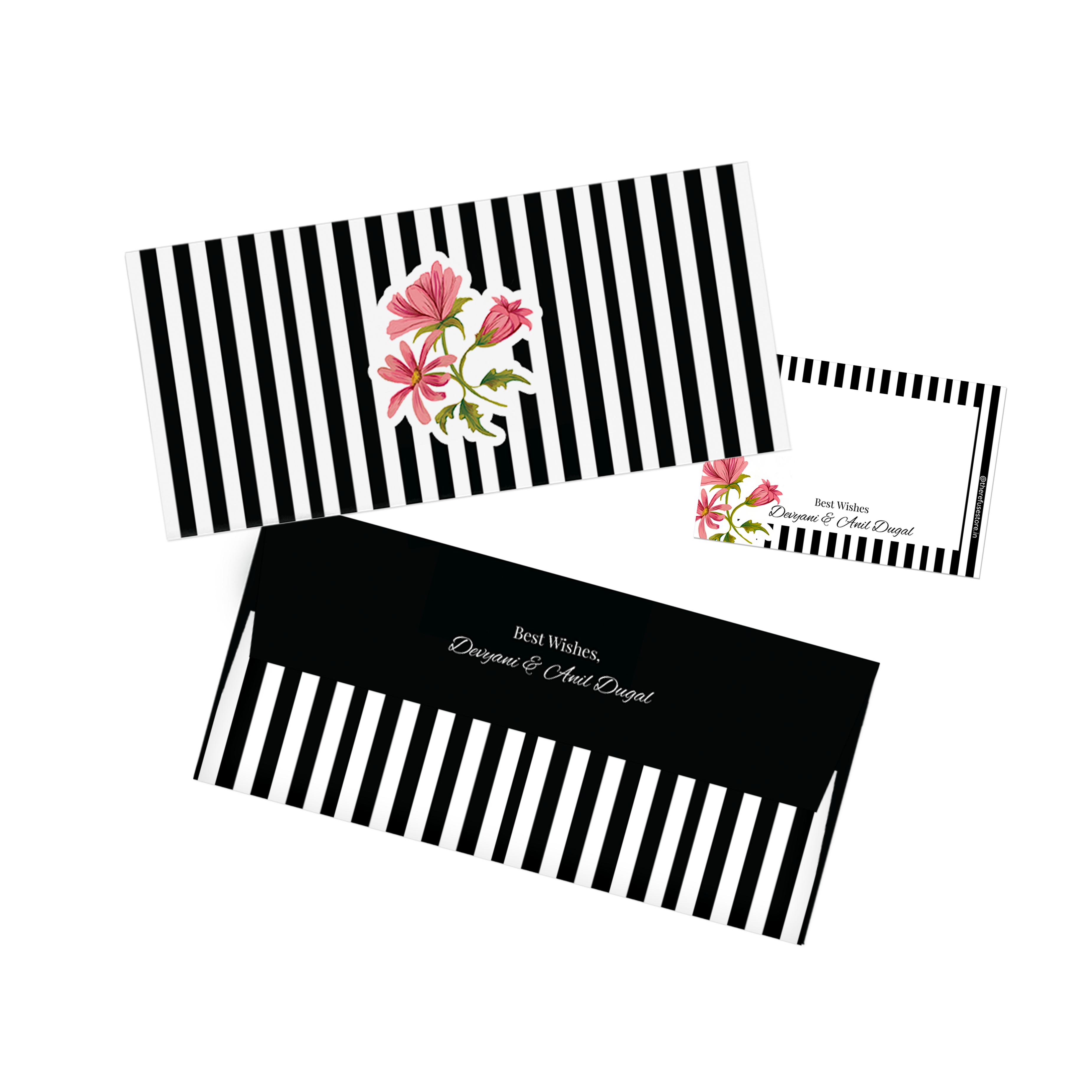 Bold Black & White Stripe Floral Personalised Money Envelopes with matching best wishes cards