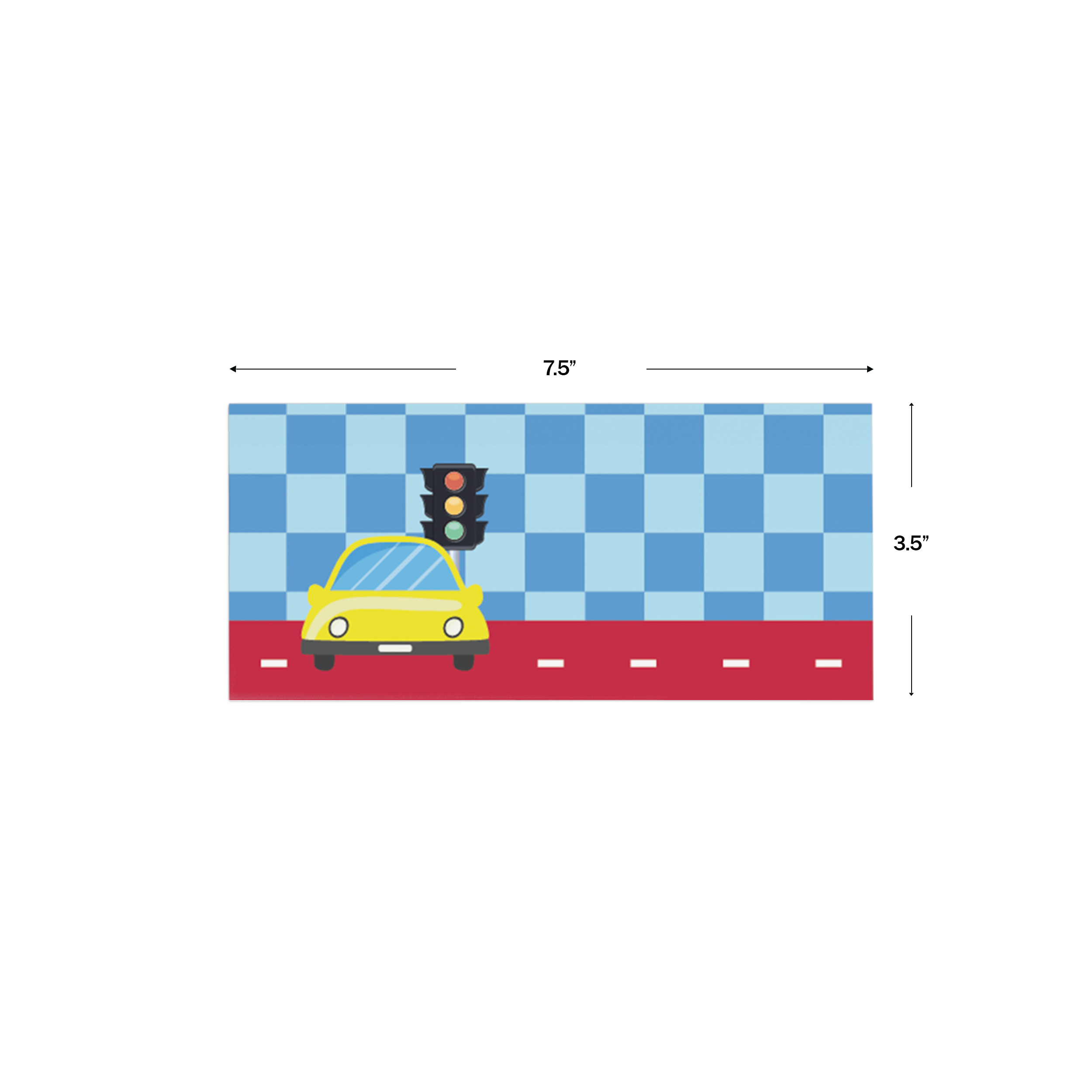 Blue Checked Car-Themed  Personalised Money Envelopes shown with dimensions on a white background