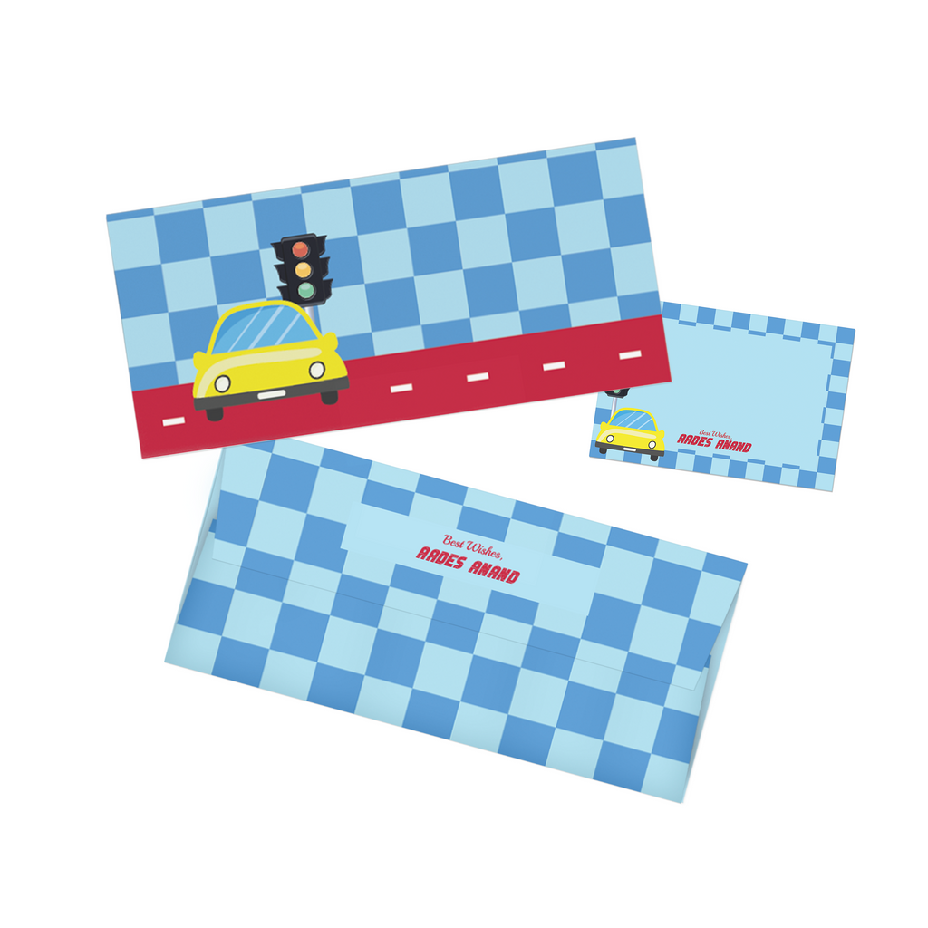 Blue Checked Car-Themed  Personalised Money Envelopes with matching best wishes cards