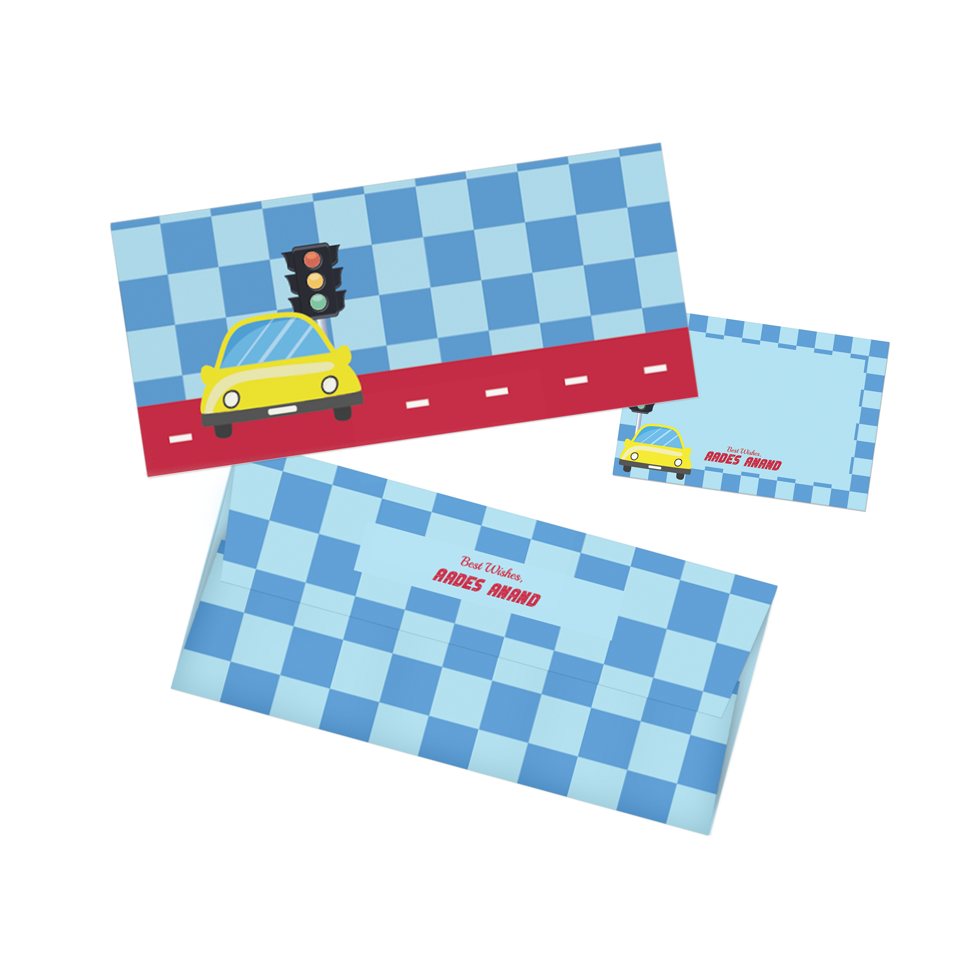 Blue Checked Car-Themed  Personalised Money Envelopes with matching best wishes cards