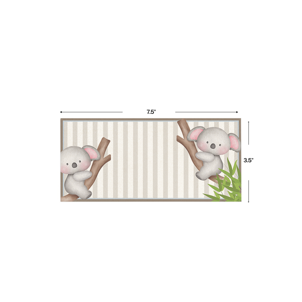 Koala -Themed Metallic Personalised Money Envelopes shown with dimensions on a white background