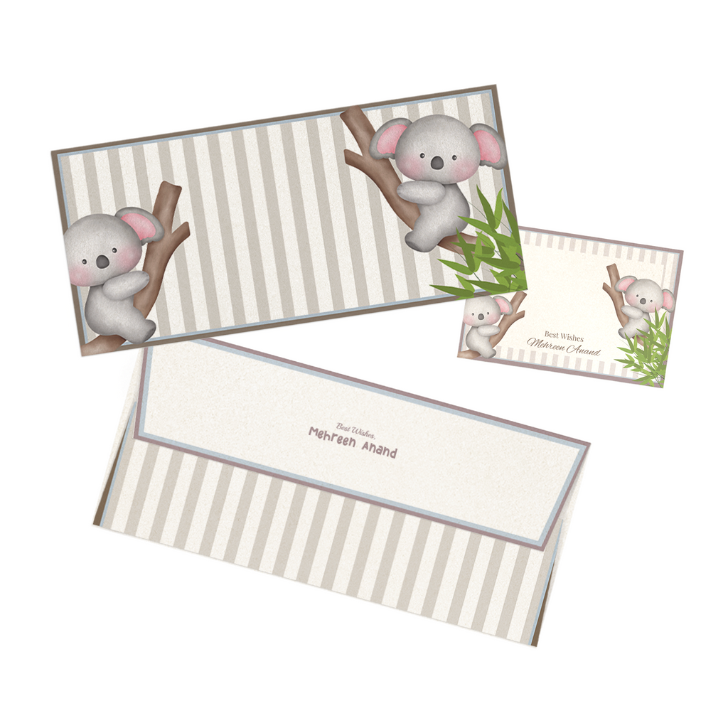 Koala -Themed Metallic Personalised Money Envelopes with matching best wishes cards