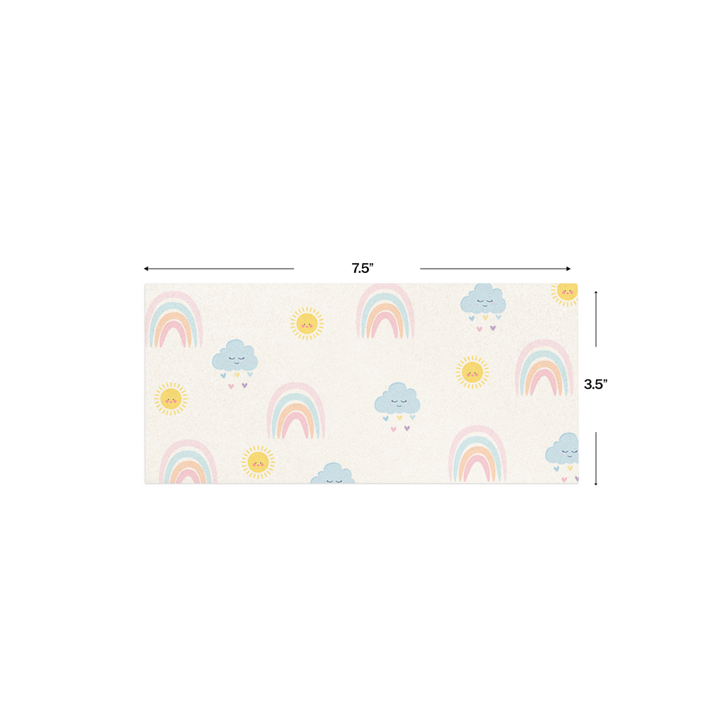 Pastel Rainbow & Cloud Metallic Personalised Money Envelopes shown with dimensions on a white background
