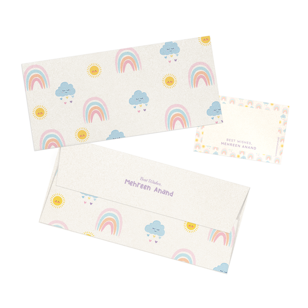 Pastel Rainbow & Cloud Metallic Personalised Money Envelopes with matching best wishes cards