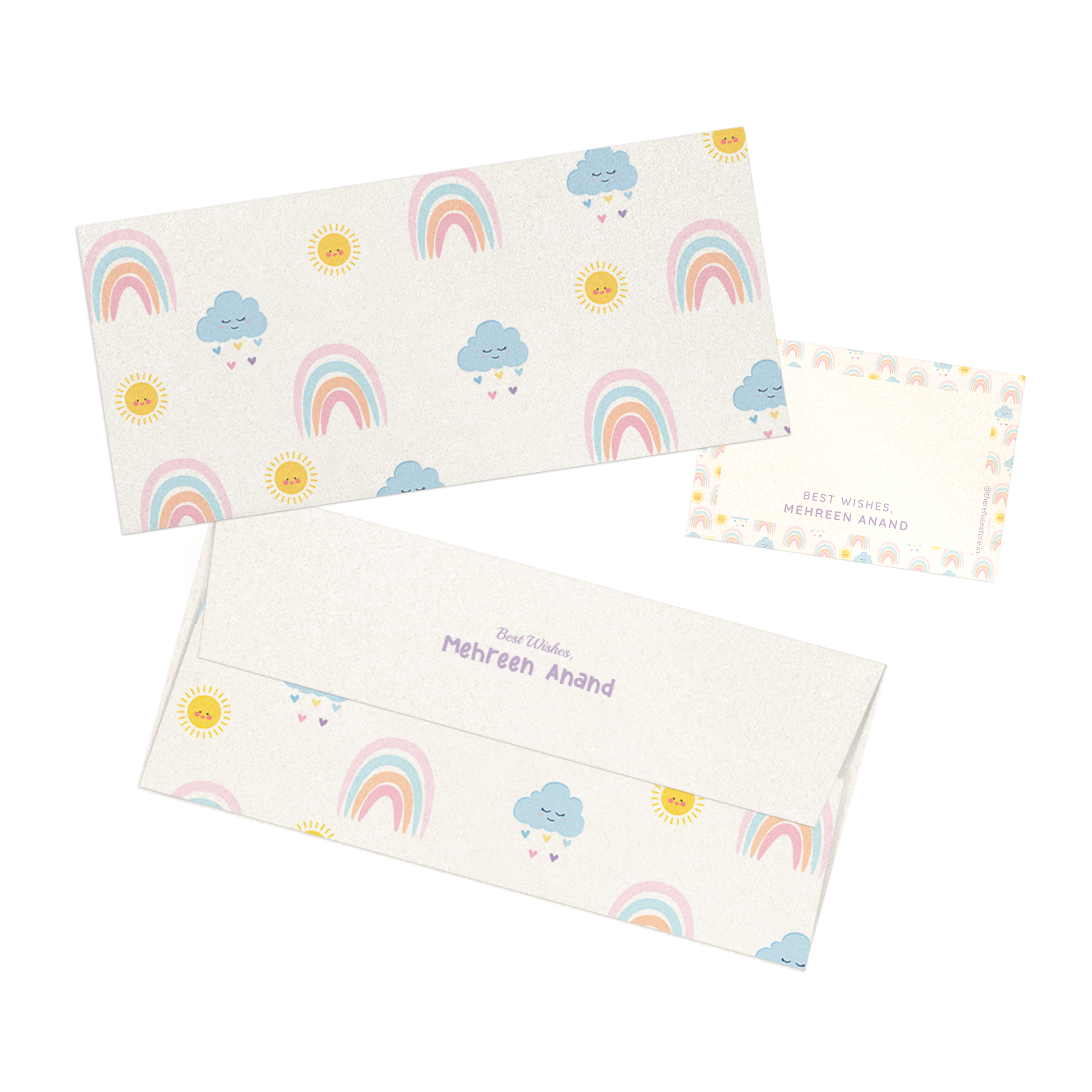 Pastel Rainbow & Cloud Metallic Personalised Money Envelopes with matching best wishes cards