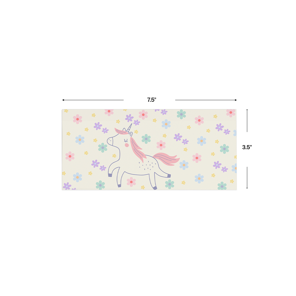 Unicorn & Flowers Personalised Money Envelopes shown with dimensions on a white background