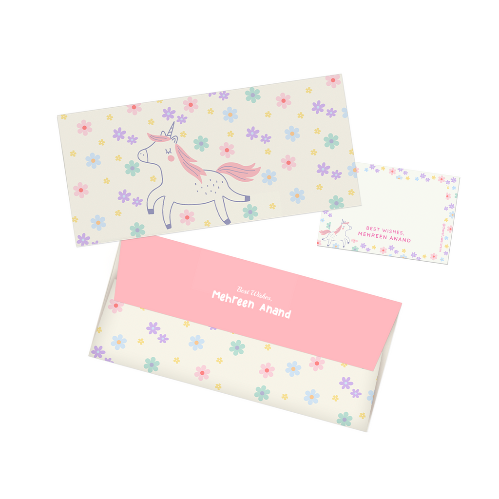 Unicorn & Flowers Personalised Money Envelopes with matching best wishes cards