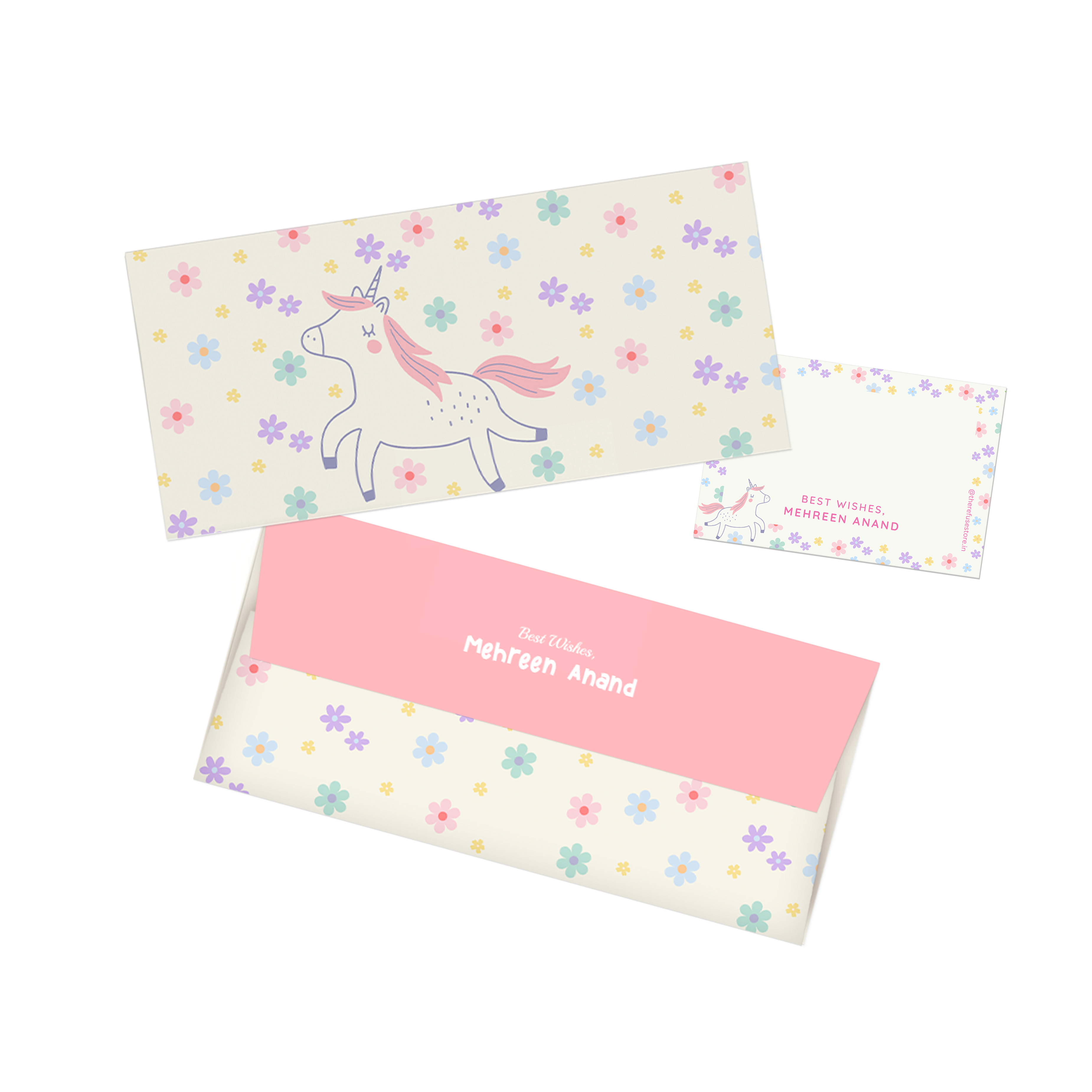 Unicorn & Flowers Personalised Money Envelopes with matching best wishes cards