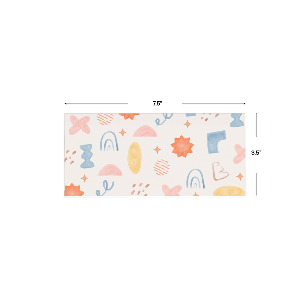  Abstract Watercolor Personalised Money Envelopes shown with dimensions on a white background