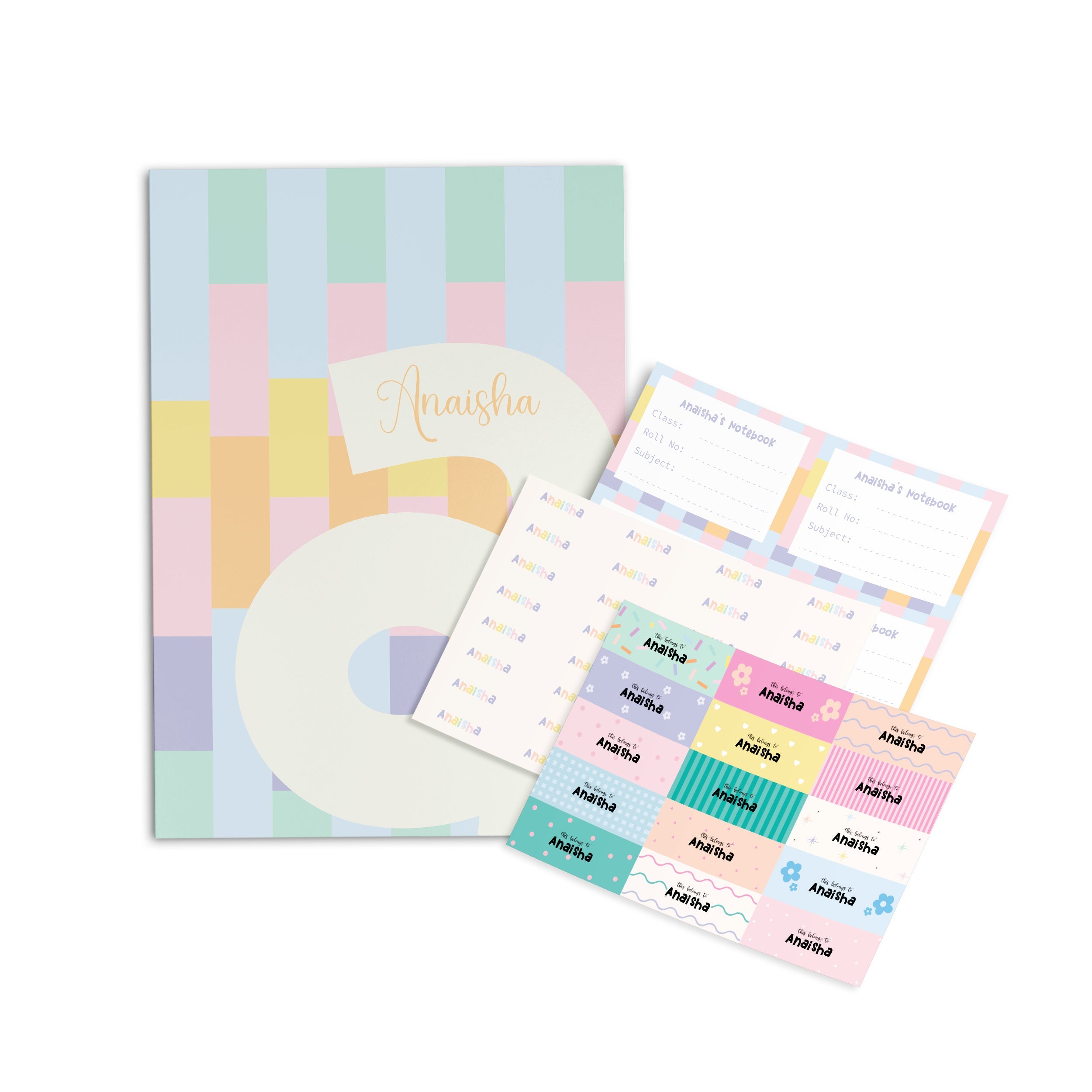 Mullti Striped Initial Personalised Paper Folder + Back To School Stickers Set