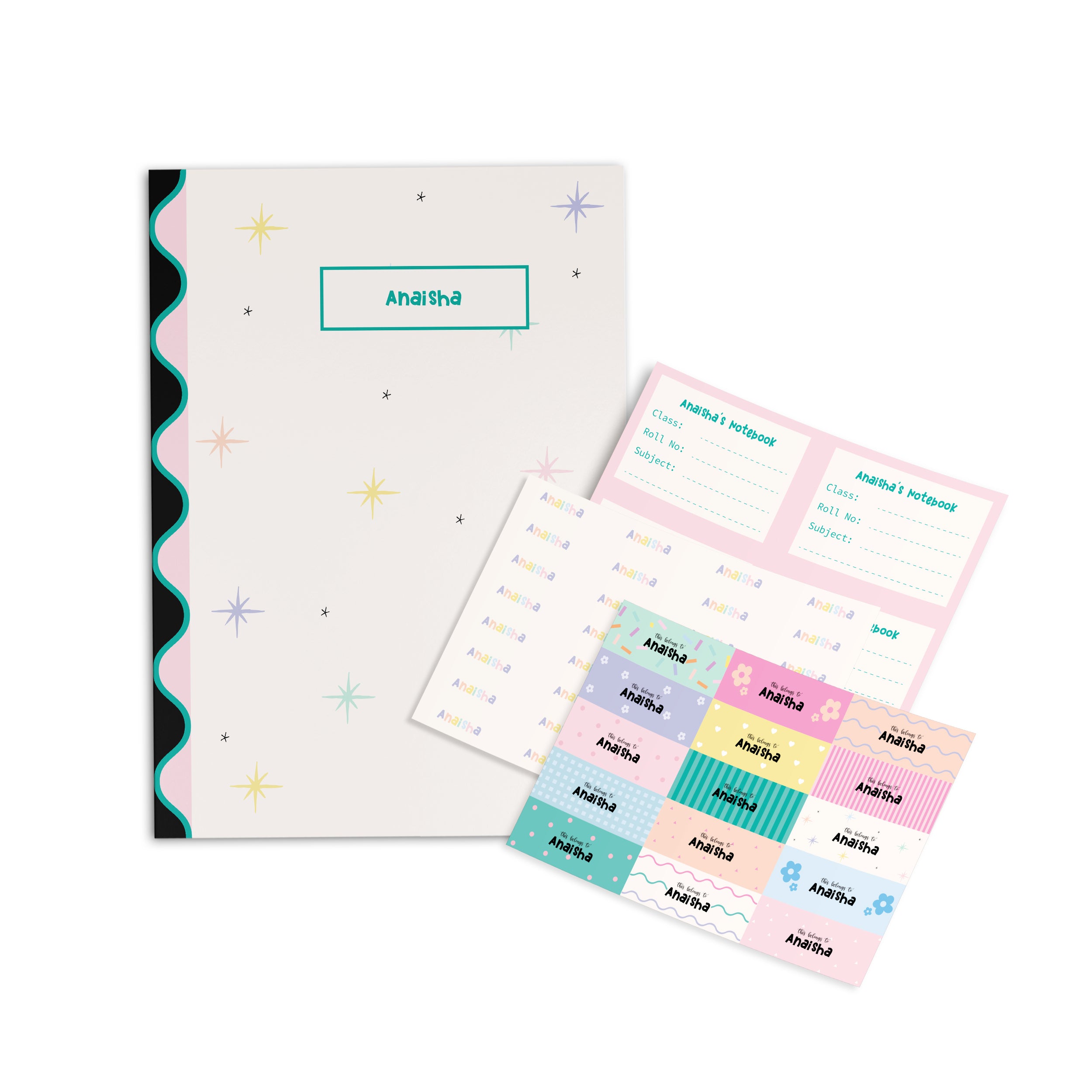 Pastel Stars Personalised Paper Folder + Back To School Stickers Set