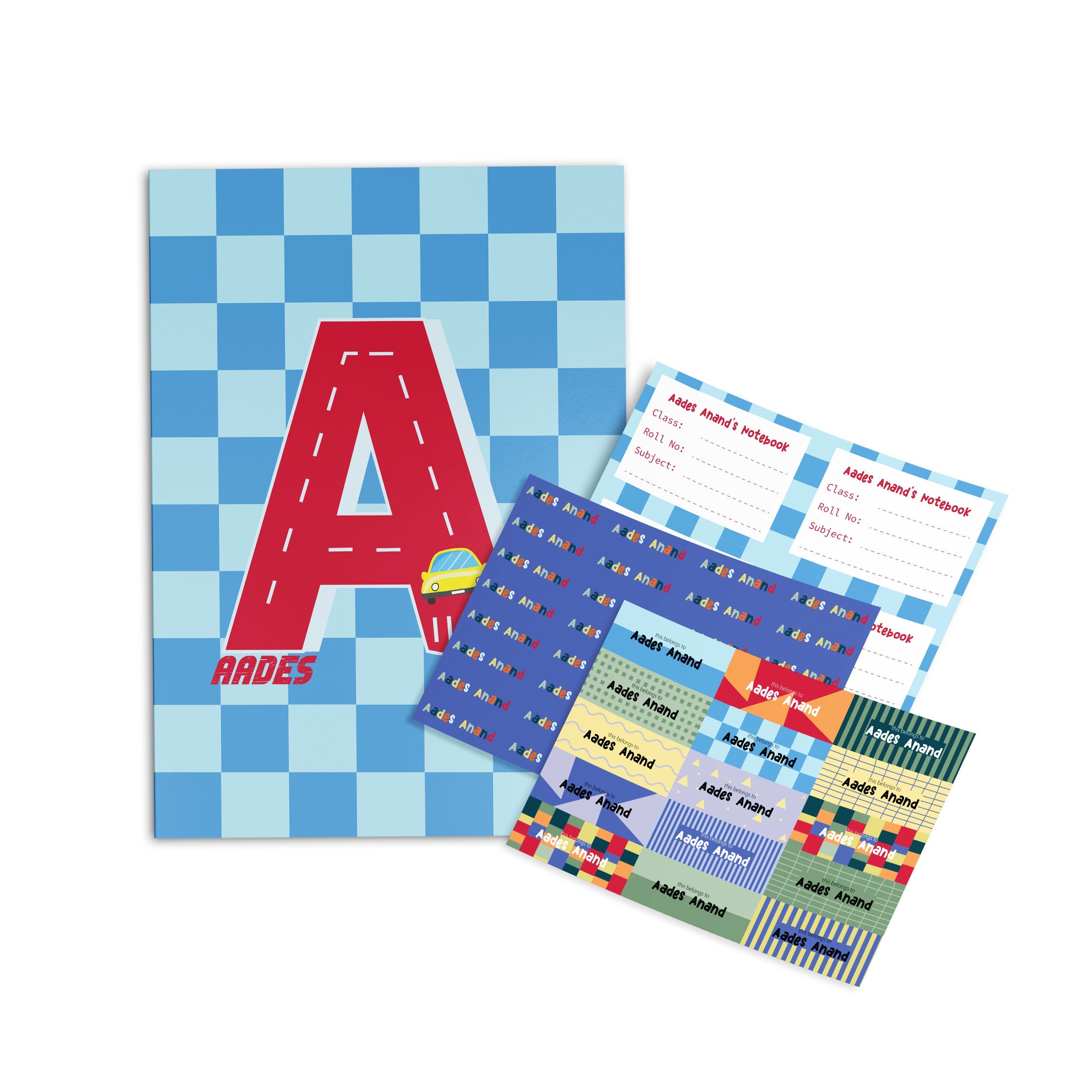 Initial Car Theme Personalised Paper Folder + Back To School Stickers Set