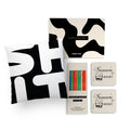 beige & black Personalised Gift Set with shit cushion cover, undated planner, coasters & pencils