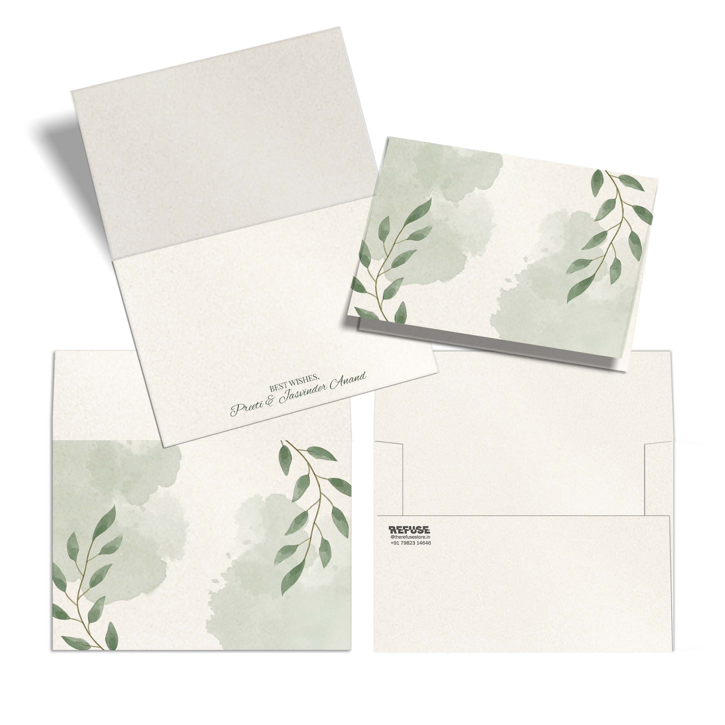 Green Watercolour Leaves Metallic Personalised Fold Notecards & Envelopes