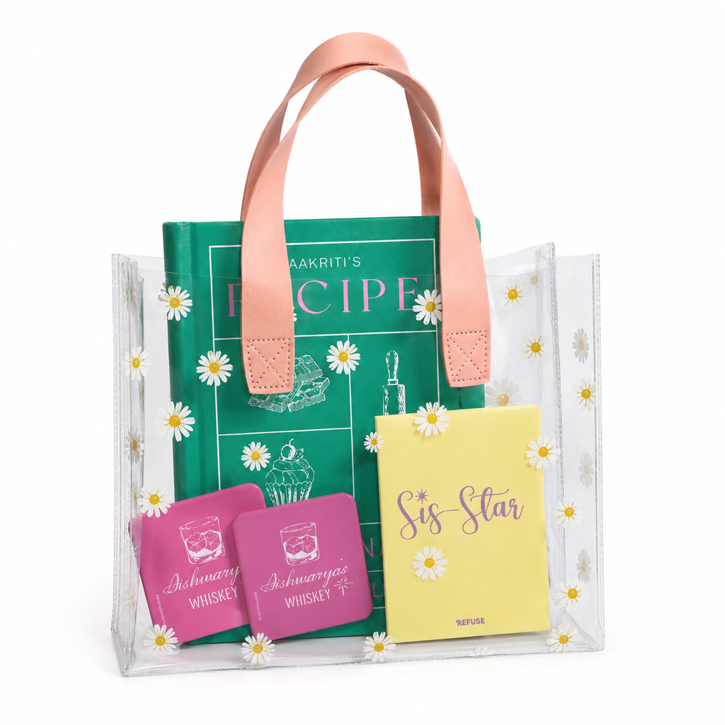 Personalised Recipe Gift Set with hardbound recipe journal, two personalised coasters, greeting card, and transparent daisy tote bag.